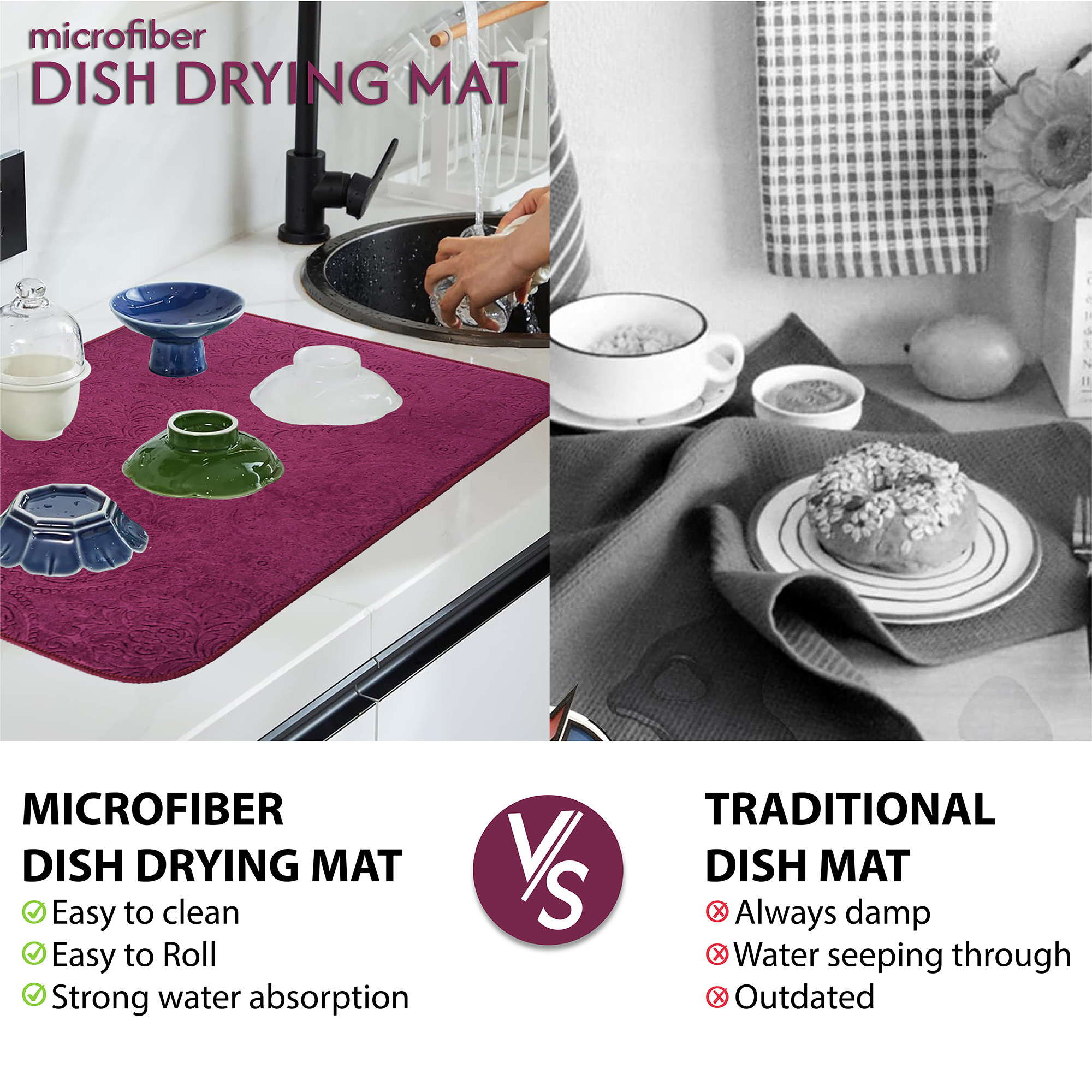 Kuber Industries 50x70 Soft Microfiber Dish Drying Mat for Kitchen  Machine Washable  Quick Drying Water Absorbing Mat for Kitchen Dishes Utensils  Crockery  Embossed Design - Purple