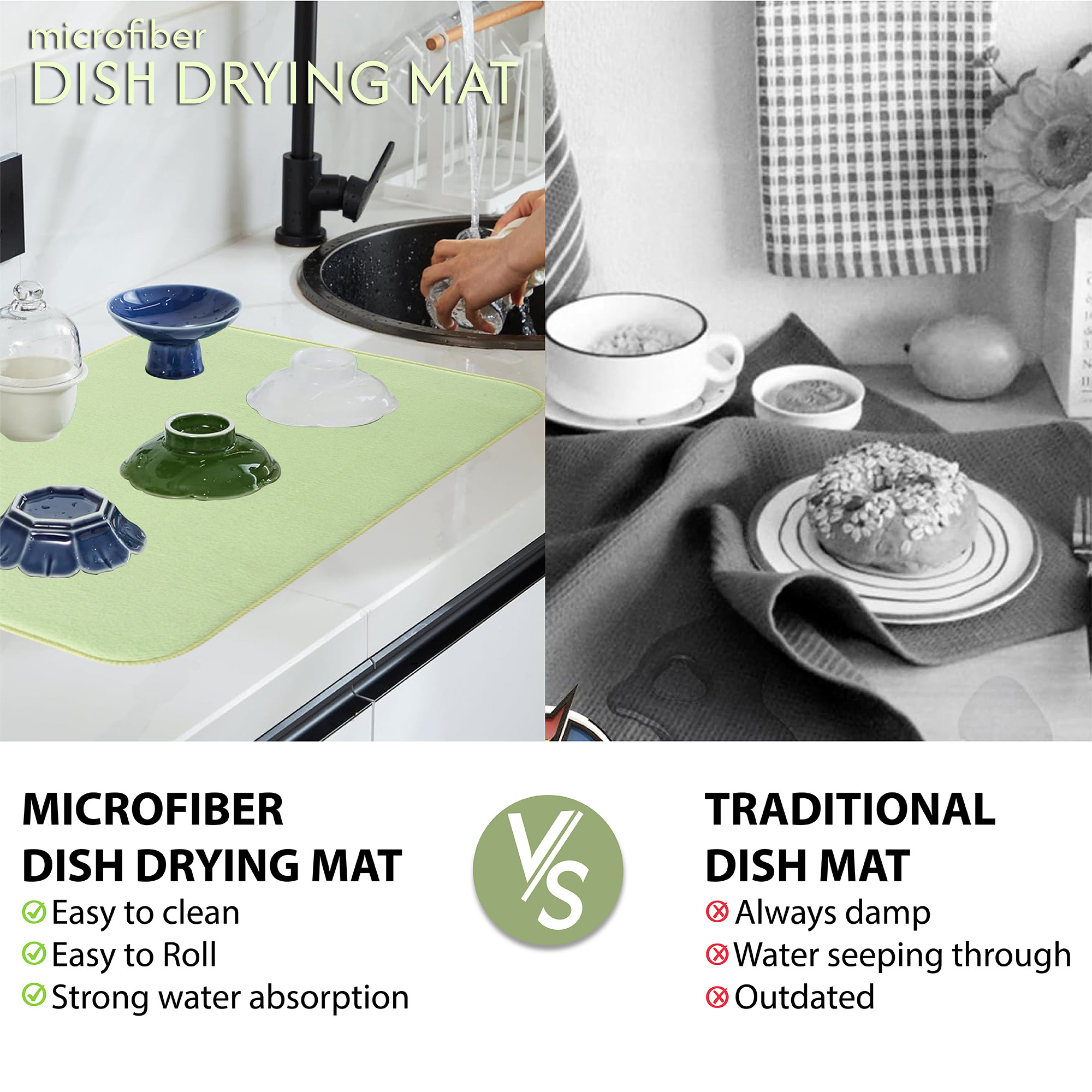 Kuber Industries 50x70 Soft Microfiber Dish Drying Mat for Kitchen  Machine Washable  Quick Drying Water Absorbing Mat for Kitchen Dishes Utensils  Crockery  Aesthetic Design - Green