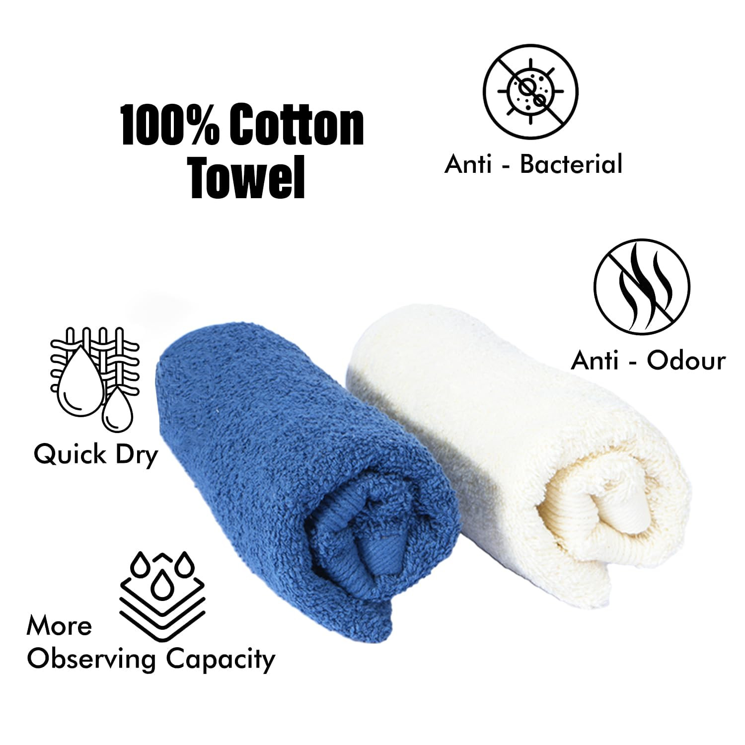 Kuber Industries 525 GSM Cotton Hand towels |Super Soft, Quick Absorbent & Anti-Bacterial|Gym & Workout Towels|Pack of 2 (Blue & Ivory)