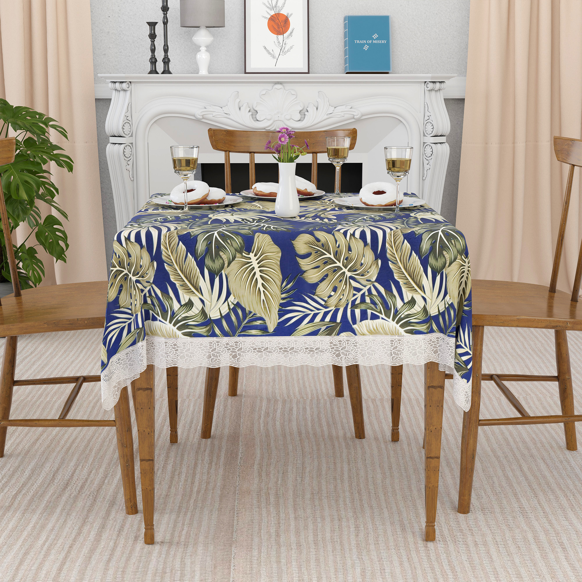 Kuber Industries 54x54 Inch Table Cover  PVC 4 Seater Waterproof  Dustproof Table Protector  Sheet Cloth For Home  Restaurant  Leaf Print - Blue  Green