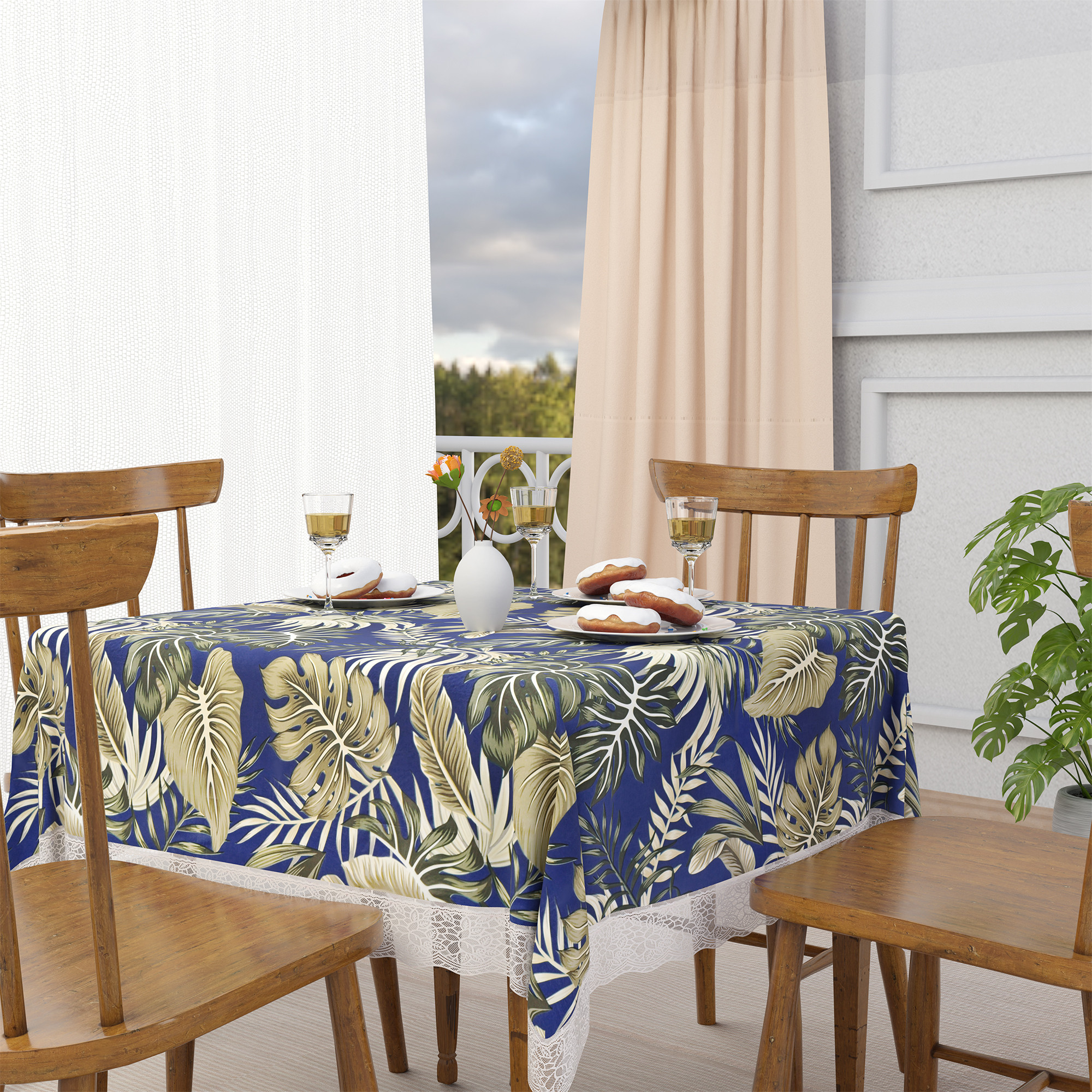 Kuber Industries 54x54 Inch Table Cover  PVC 4 Seater Waterproof  Dustproof Table Protector  Sheet Cloth For Home  Restaurant  Leaf Print - Blue  Green