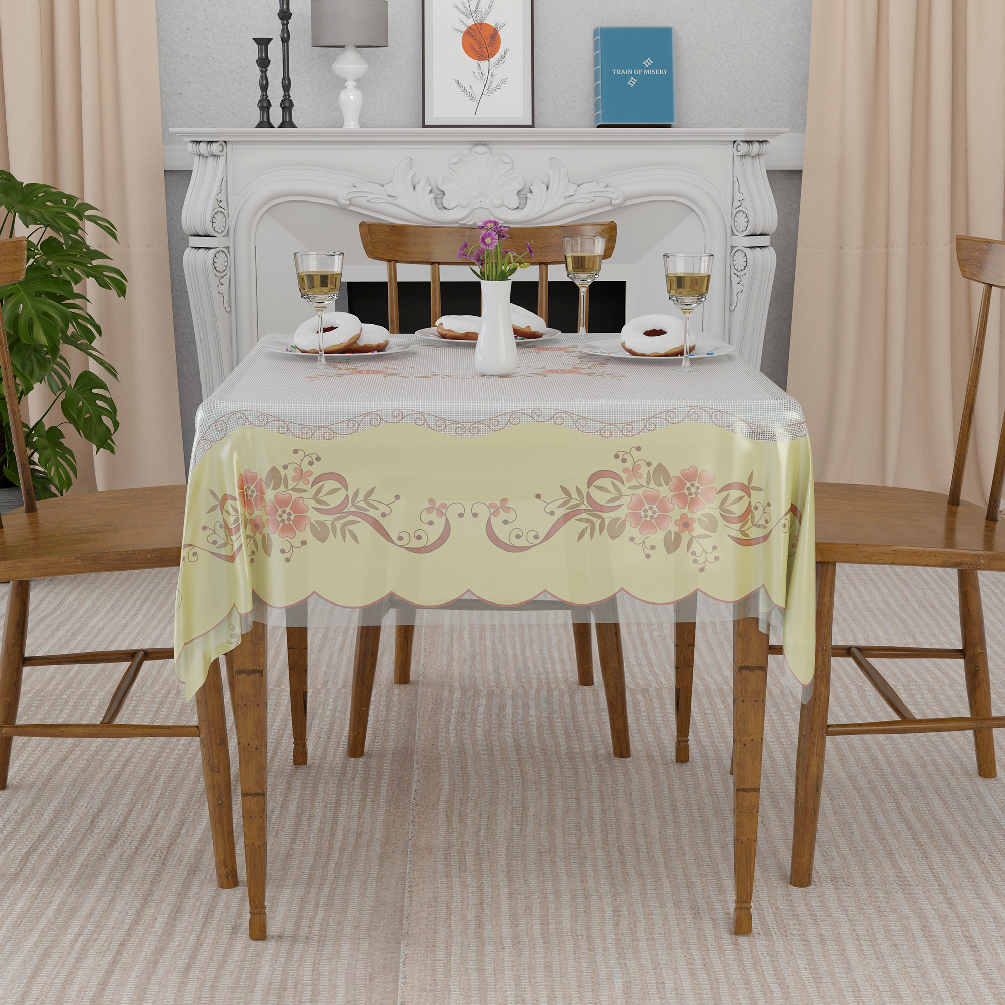 Kuber Industries 54x54 Inch Table Cover  PVC 4 Seater Waterproof  Dustproof Table Protector  Sheet Cloth For Home  Restaurant  Alloy Print - Cream