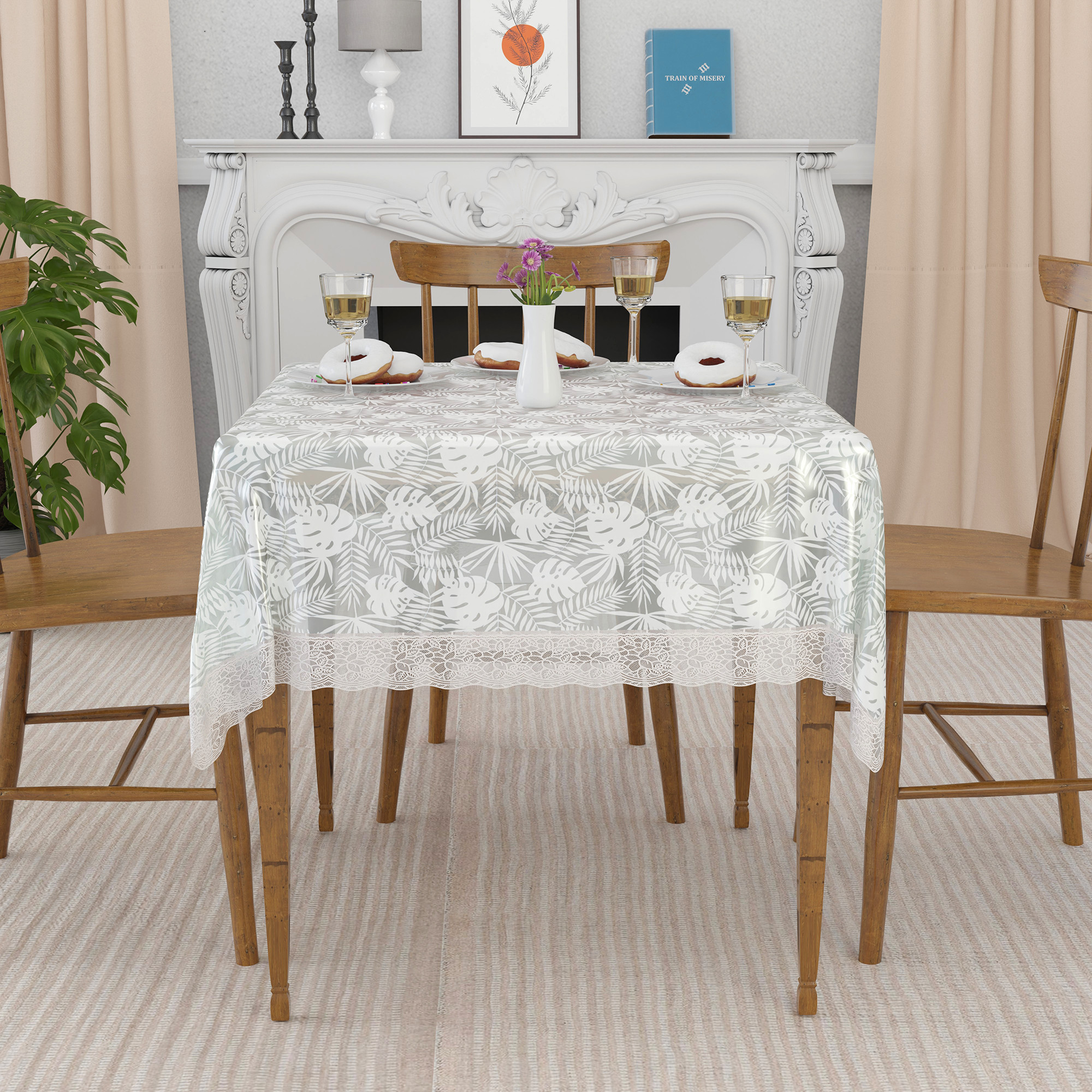 Kuber Industries 54x54Inch Table Cover  PVC 4 Seater Waterproof  Dustproof Table ProtectorSheet Cloth For Home  Restaurant  Self Leaf Print - White