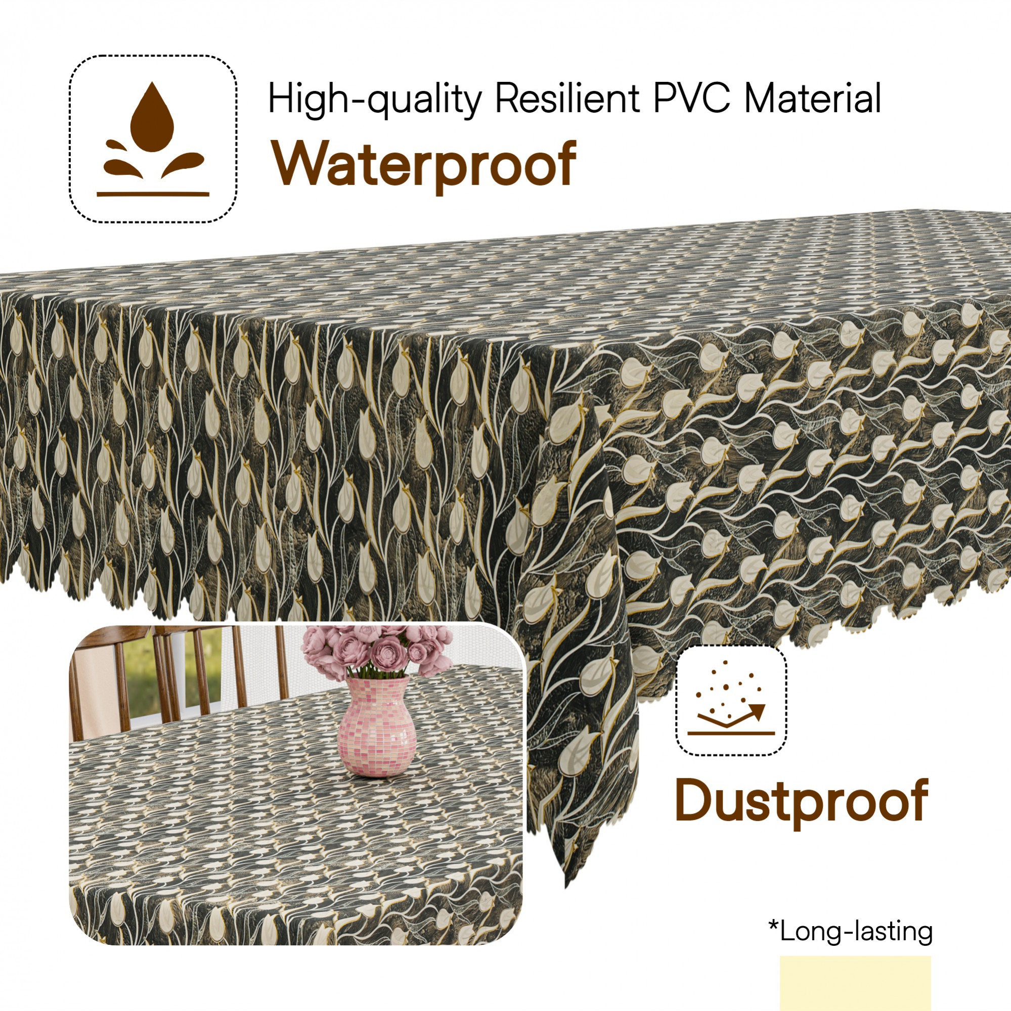 Kuber Industries 54x78 Inch PVC Dining Table Cover 6 Seater for Living Room  Table Top Cover  Protector Sheet for Dining Area  Tulip Luxury - Brown