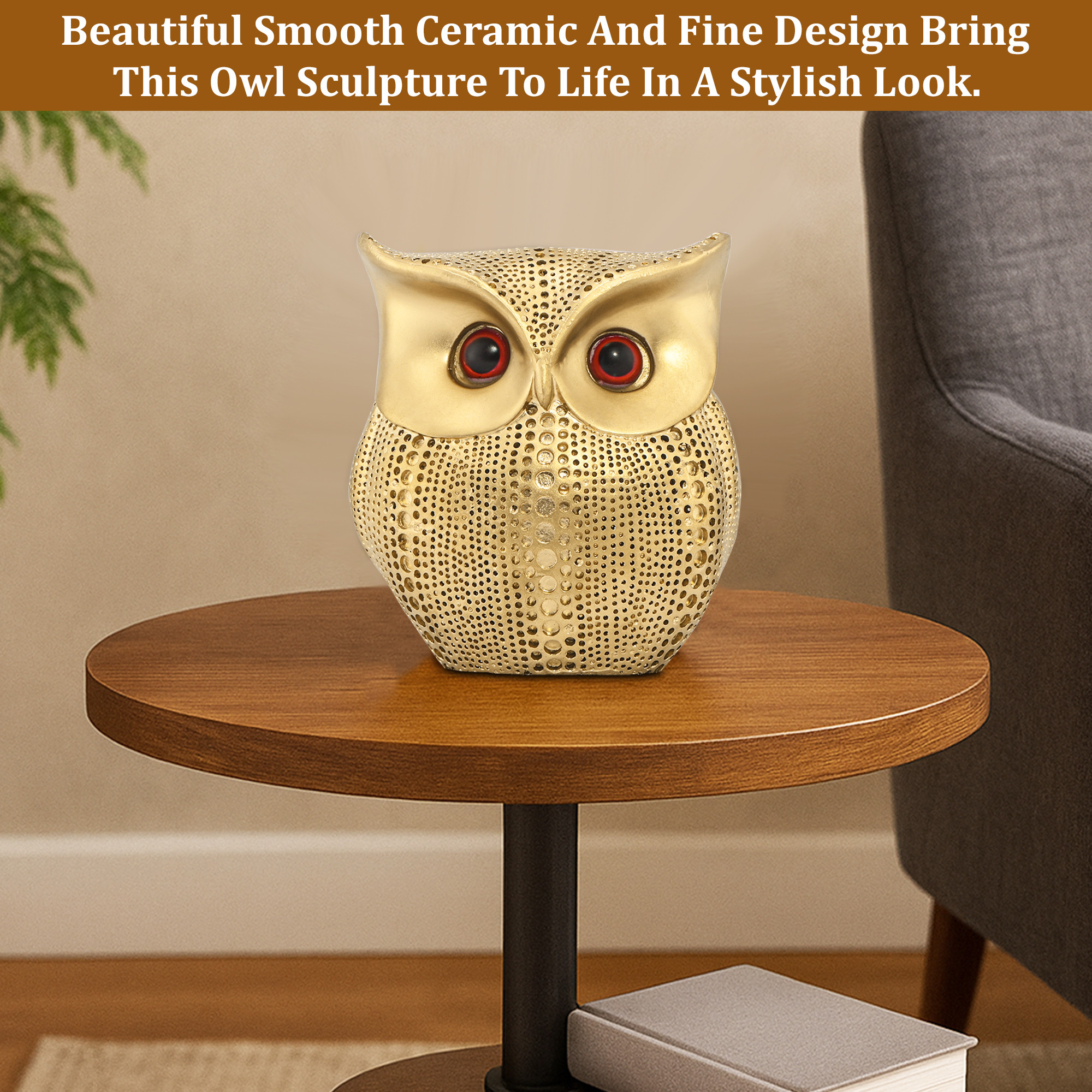 Kuber Industries 55 Inch Resin Owl Statue for Good Luck  Feng Shui Owl Showpiece for Gift  Decorative Items for Living Room  Centre Table Decoration Piece  Golden