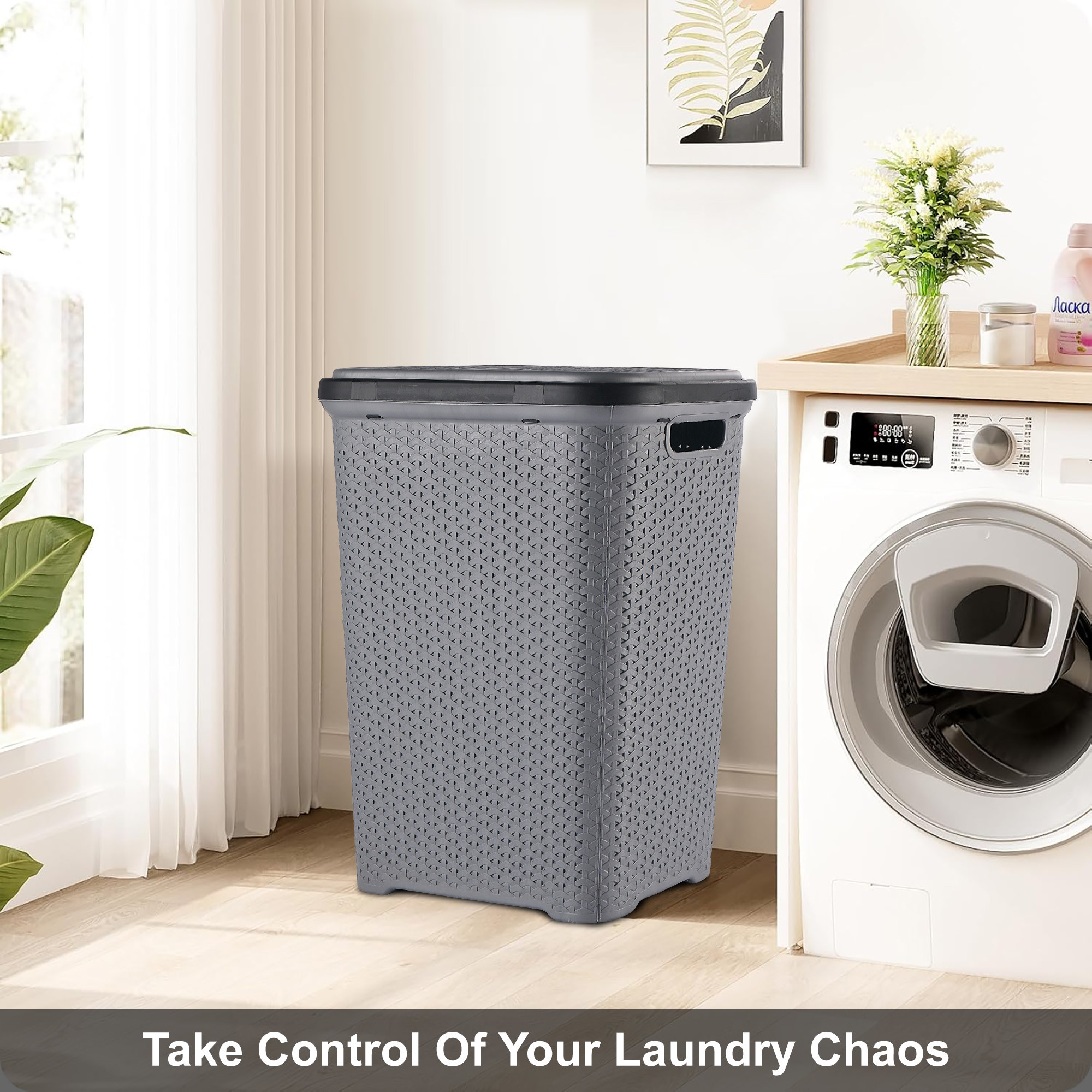 Kuber Industries 55 Ltr Plastic Big Laundry Basket for Clothes with Lid  Carry Handles  Lightweight  Ventilated Design Cloth Basket - Ideal for Home Organization and Storage  Light Grey