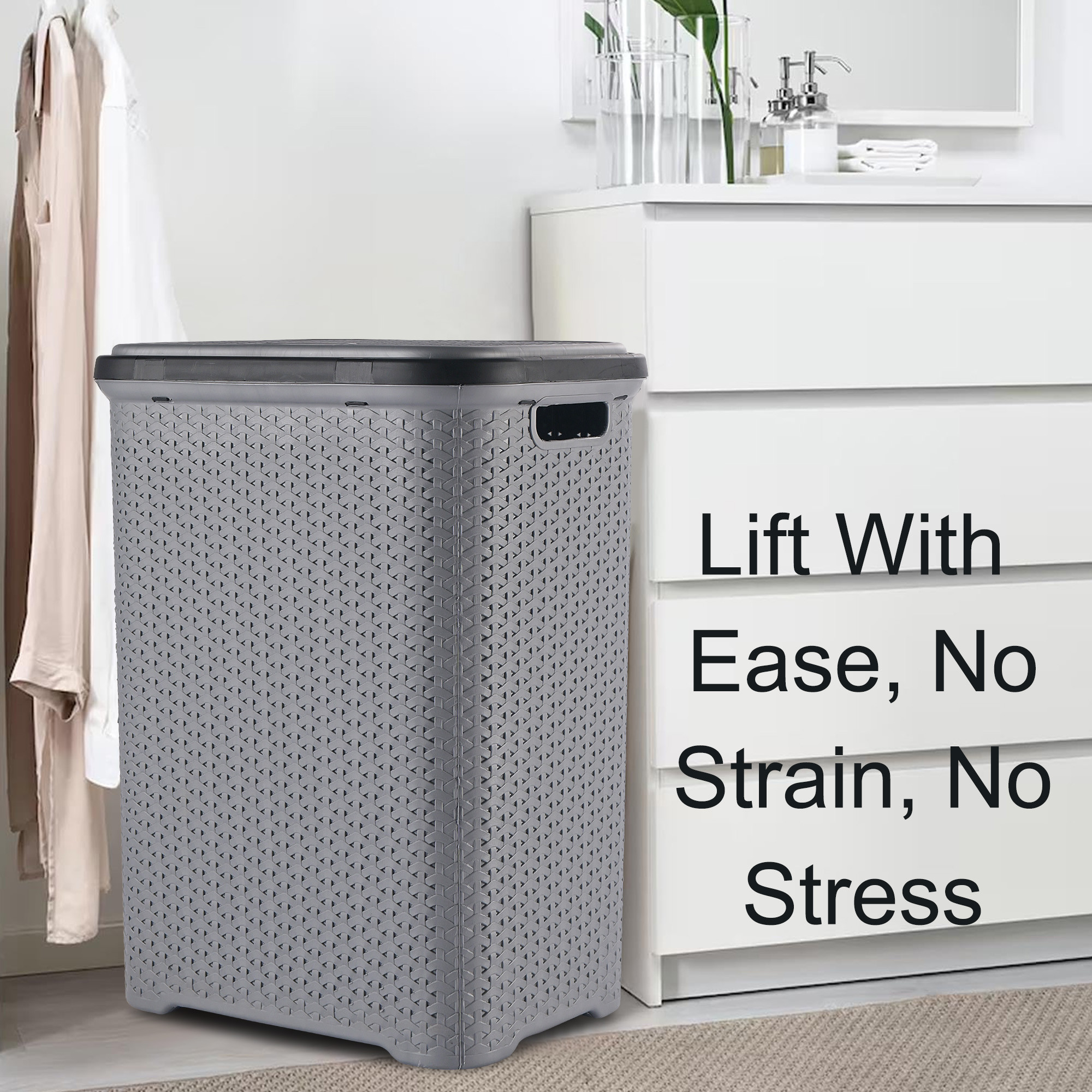 Kuber Industries 55 Ltr Plastic Big Laundry Basket for Clothes with Lid  Carry Handles  Lightweight  Ventilated Design Cloth Basket - Ideal for Home Organization and Storage  Light Grey