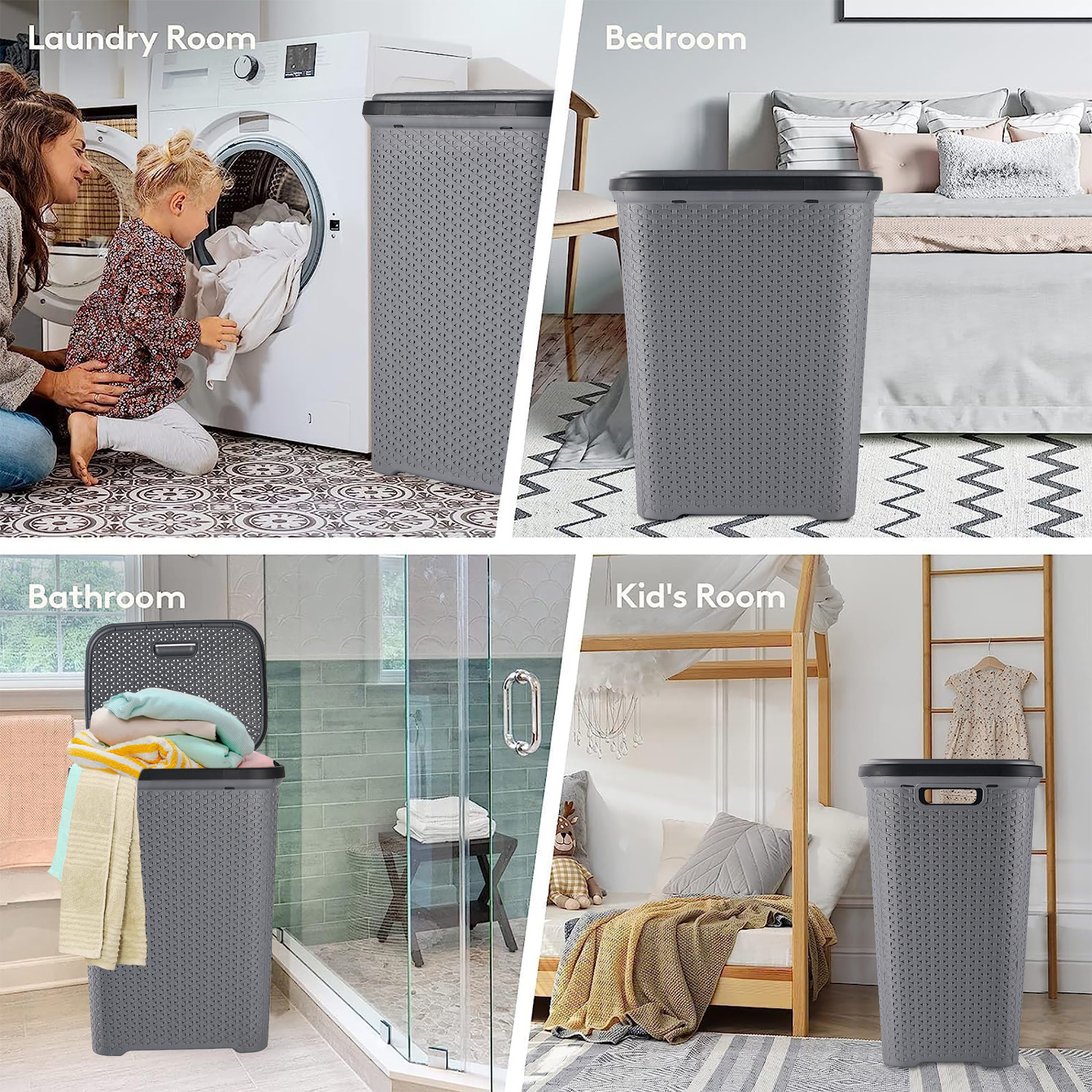 Kuber Industries 55 Ltr Plastic Big Laundry Basket for Clothes with Lid  Carry Handles  Lightweight  Ventilated Design Cloth Basket - Ideal for Home Organization and Storage  Light Grey