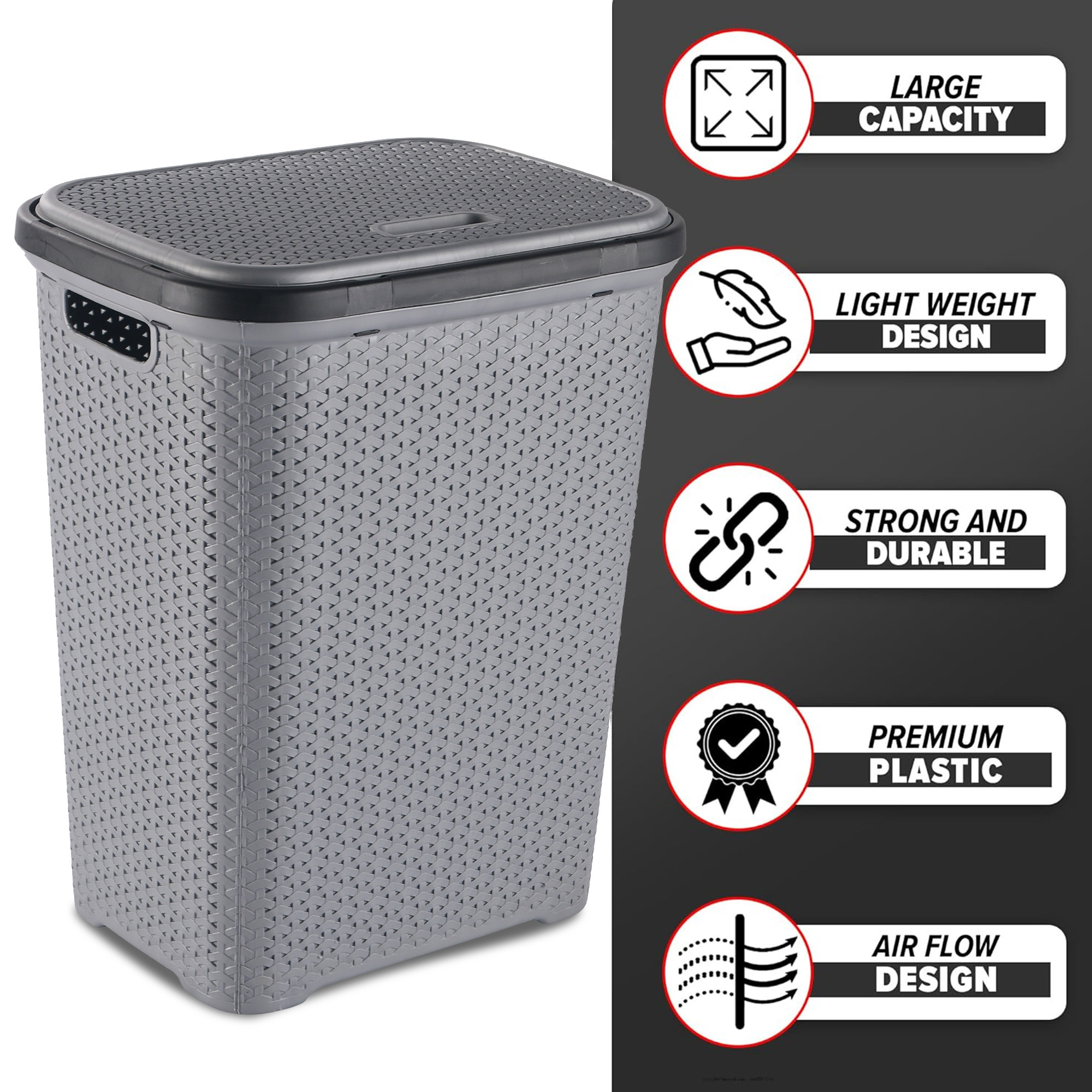 Kuber Industries 55 Ltr Plastic Big Laundry Basket for Clothes with Lid  Carry Handles  Lightweight  Ventilated Design Cloth Basket - Ideal for Home Organization and Storage  Light Grey