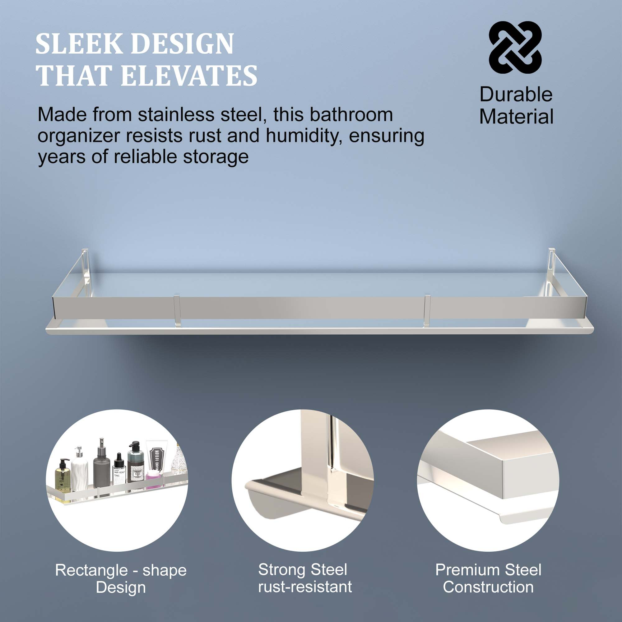 Kuber Industries 5x15 Inch Stainless Steel Multi-Purpose Wall Shelf for Bathroom  Kitchen  Bathroom Shelf for Wall - Perfect for Toiletries  Kitchen Essentials  Chrome Finish - Silver