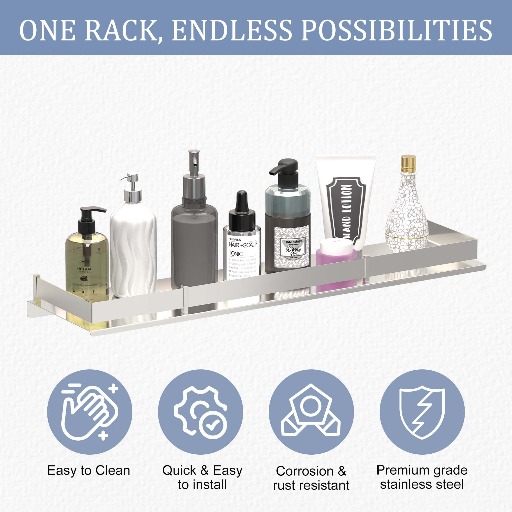 Kuber Industries 5x18 Inch Stainless Steel Multi-Purpose Wall Shelf for Bathroom  Kitchen  Bathroom Shelf for Wall - Perfect for Toiletries  Kitchen Essentials  Chrome Finish - Silver