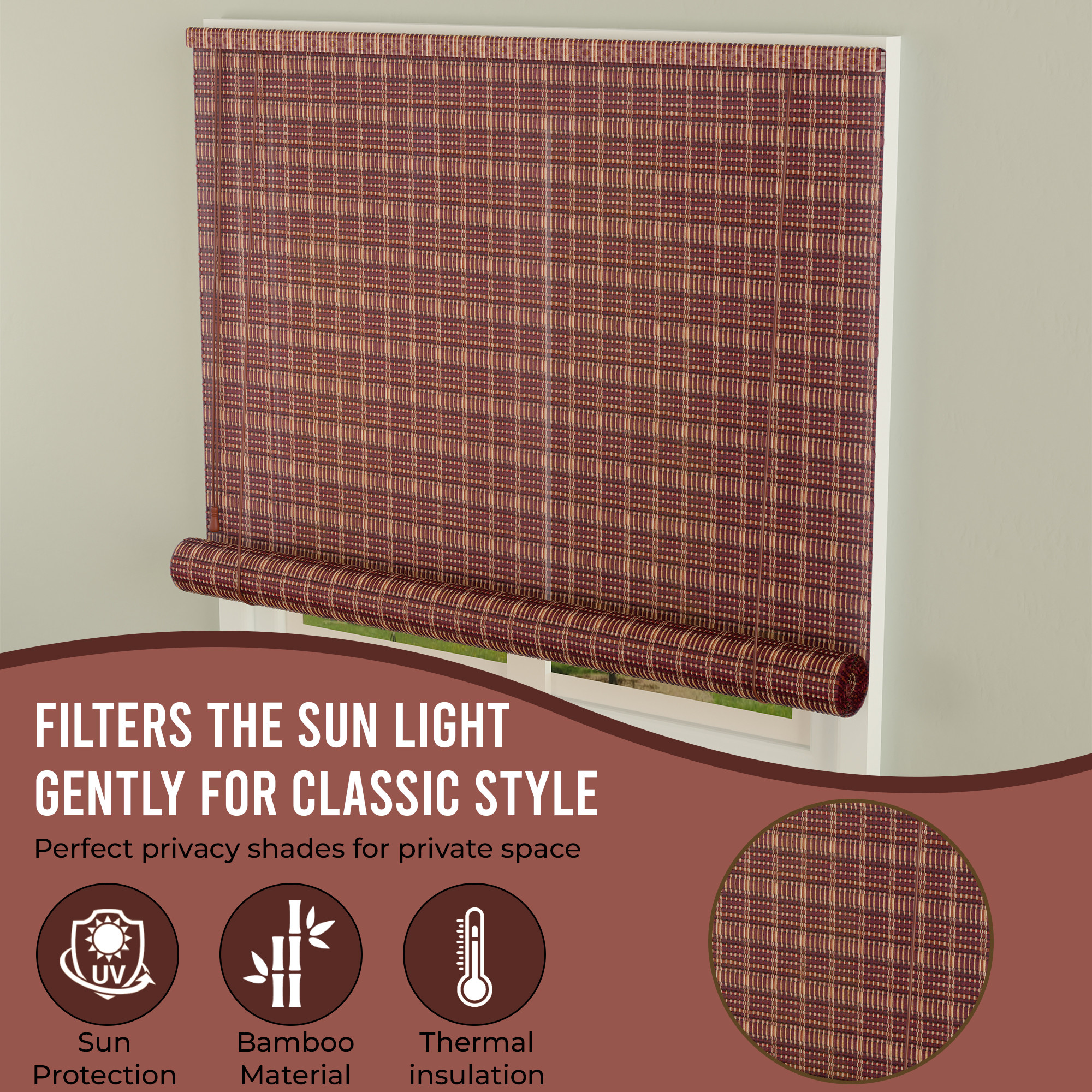 Kuber Industries 5x6 Ft Bamboo Curtains  Sunlight Dust Protection Kitchen Window Blinds for Home  Rope Roller Curtain Bamboo Chik Blinds for Balcony Restaurant Dhaba  Resort  Maroon