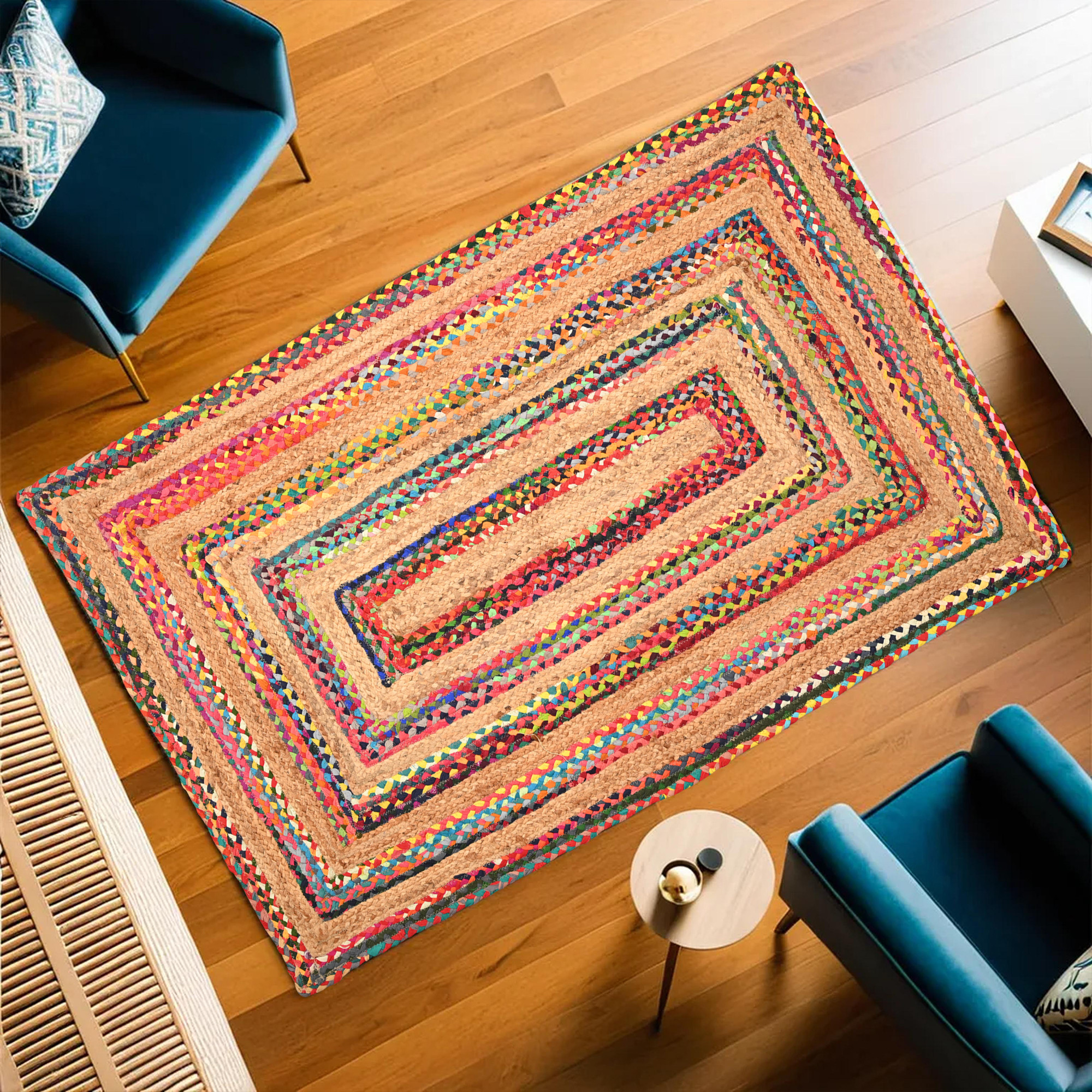 Kuber Industries 5x7 Feet Anti-Skid Satranji Jute Rug  Carpet for Home  Bedroom  Aesthetic Non-Slip Floor Rugs for Living Room  Sea Green