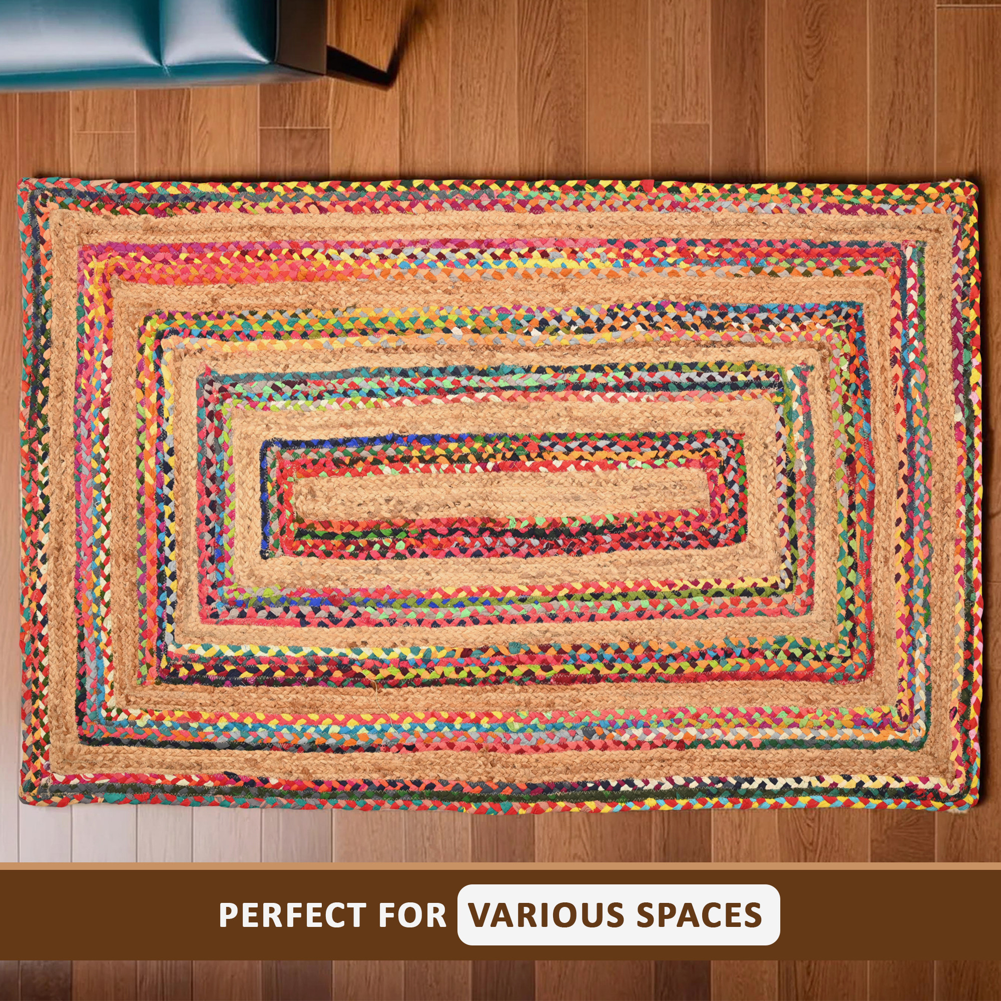 Kuber Industries 5x7 Feet Anti-Skid Satranji Jute Rug  Carpet for Home  Bedroom  Aesthetic Non-Slip Floor Rugs for Living Room  Sea Green