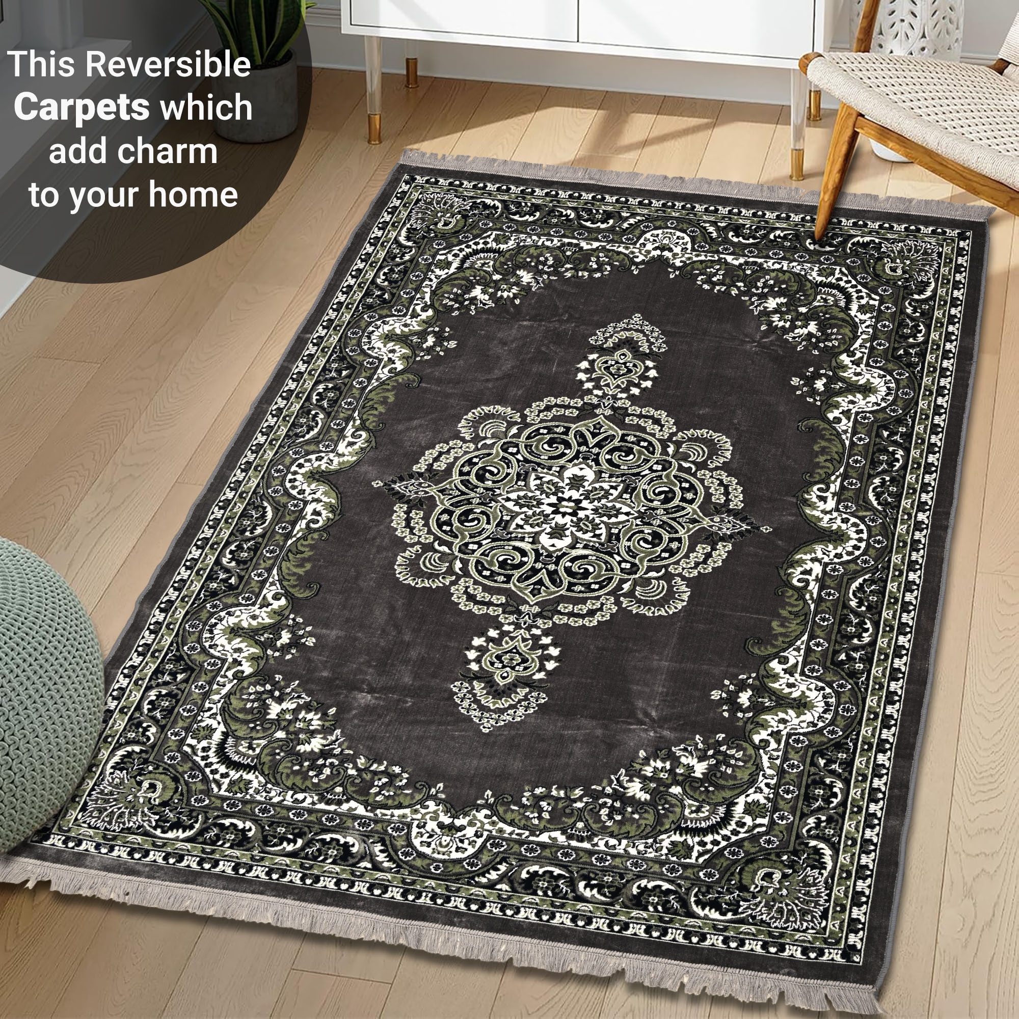 Kuber Industries 5x7 Feet Carpets for Living Room  Machine Washable Bedside Floor Rugs Mat for Bedroom Balcony  Drawing Room  Floral Print - Grey  Green