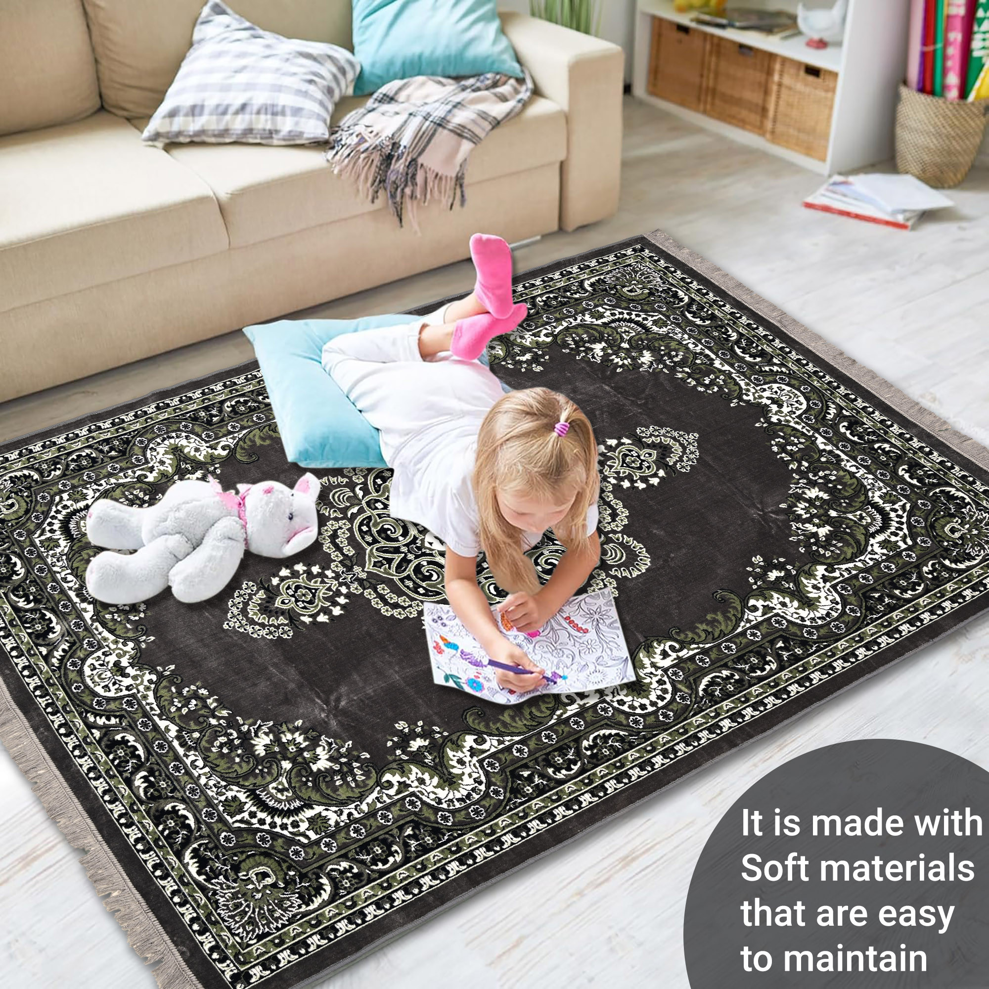 Kuber Industries 5x7 Feet Carpets for Living Room  Machine Washable Bedside Floor Rugs Mat for Bedroom Balcony  Drawing Room  Floral Print - Grey  Green