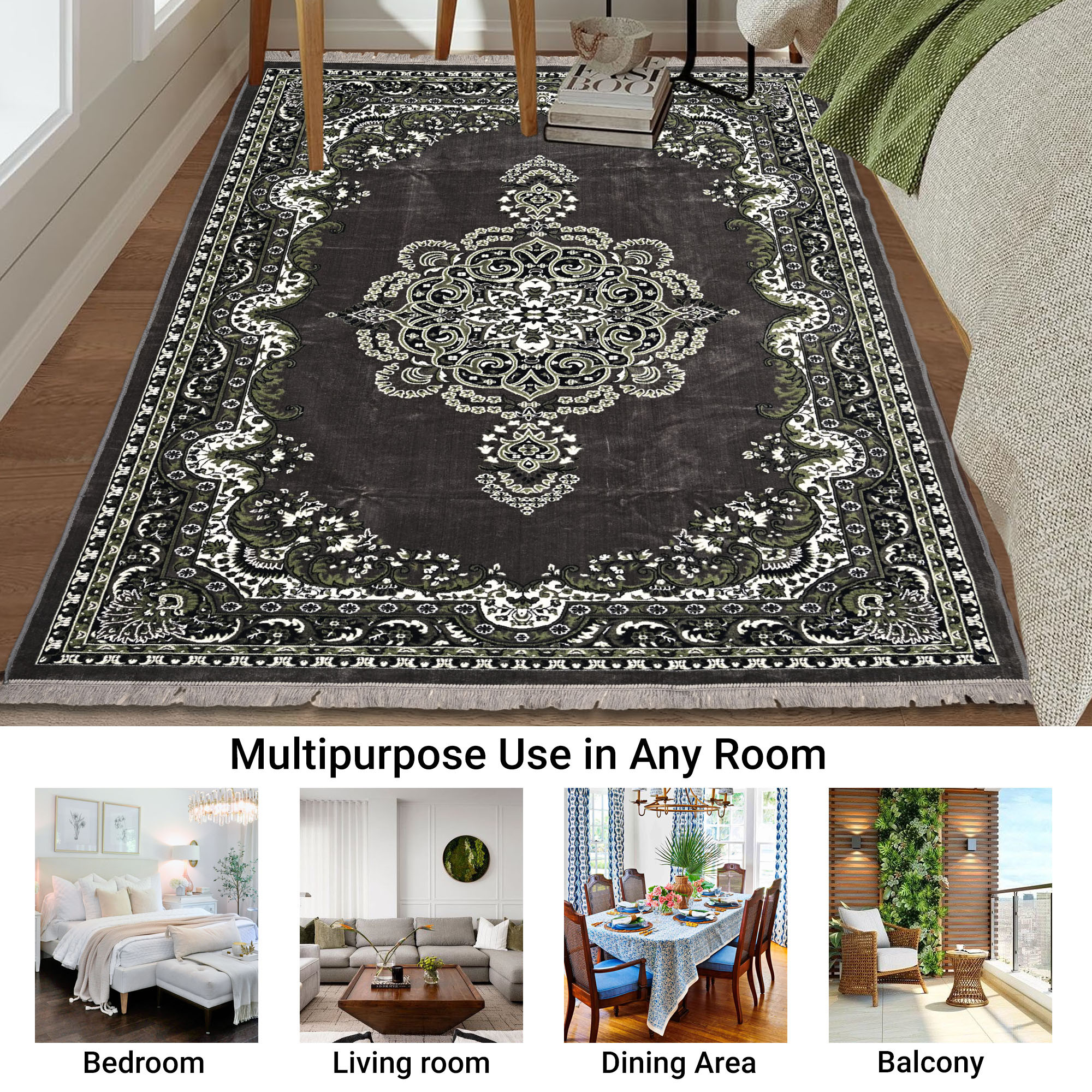 Kuber Industries 5x7 Feet Carpets for Living Room  Machine Washable Bedside Floor Rugs Mat for Bedroom Balcony  Drawing Room  Floral Print - Grey  Green