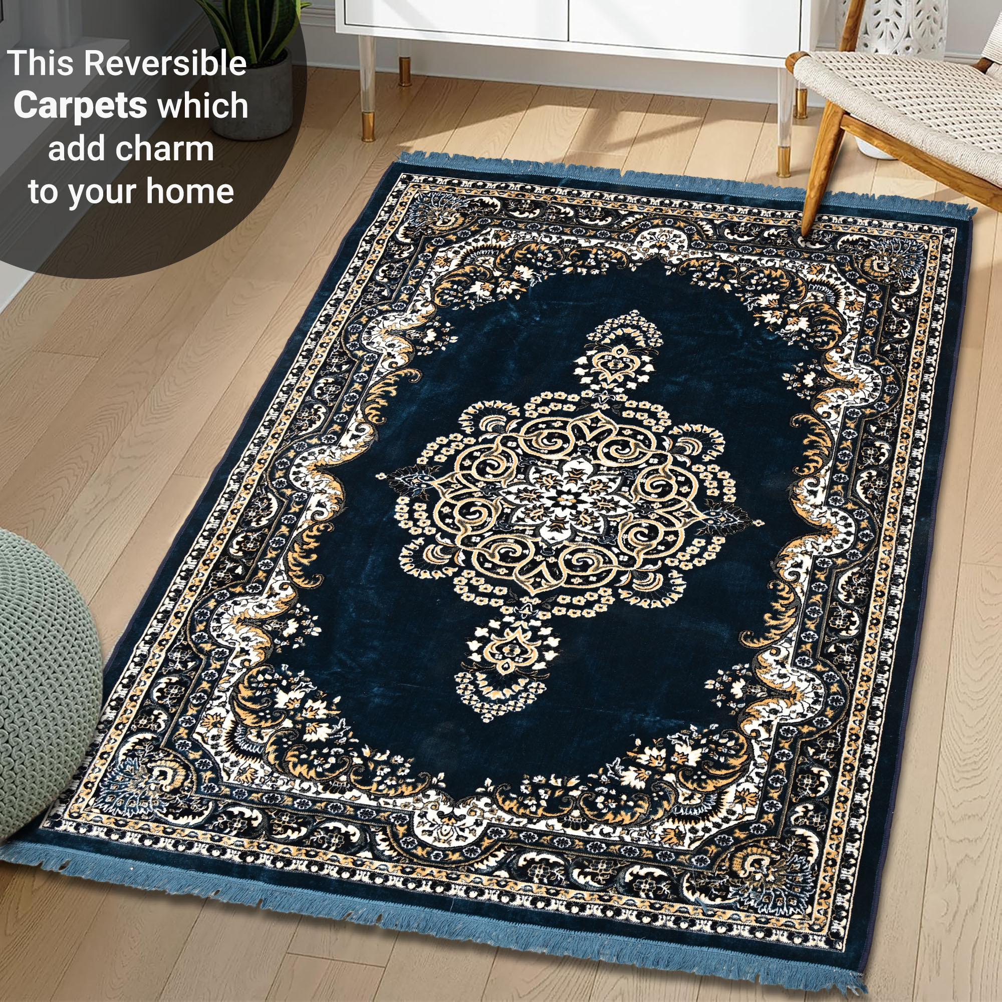 Kuber Industries 5x7 Feet Carpets for Living Room  Machine Washable Bedside Floor Rugs Mat for Bedroom Balcony  Drawing Room  Floral Print - Navy  Sea Blue