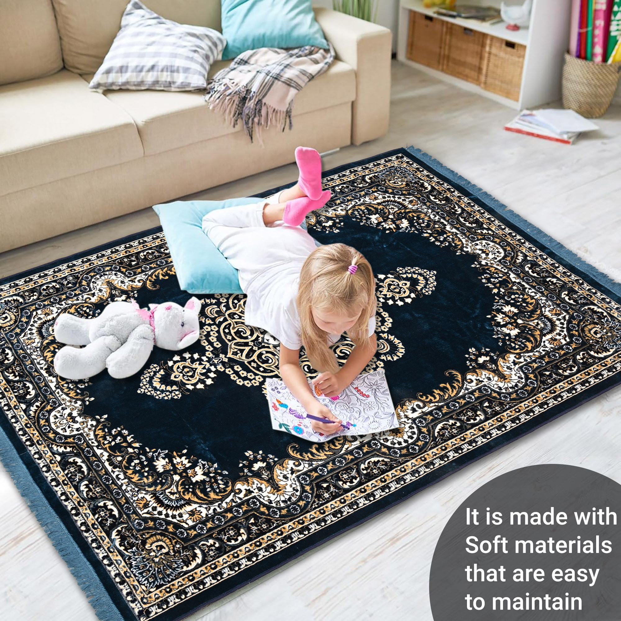 Kuber Industries 5x7 Feet Carpets for Living Room  Machine Washable Bedside Floor Rugs Mat for Bedroom Balcony  Drawing Room  Floral Print - Navy  Sea Blue