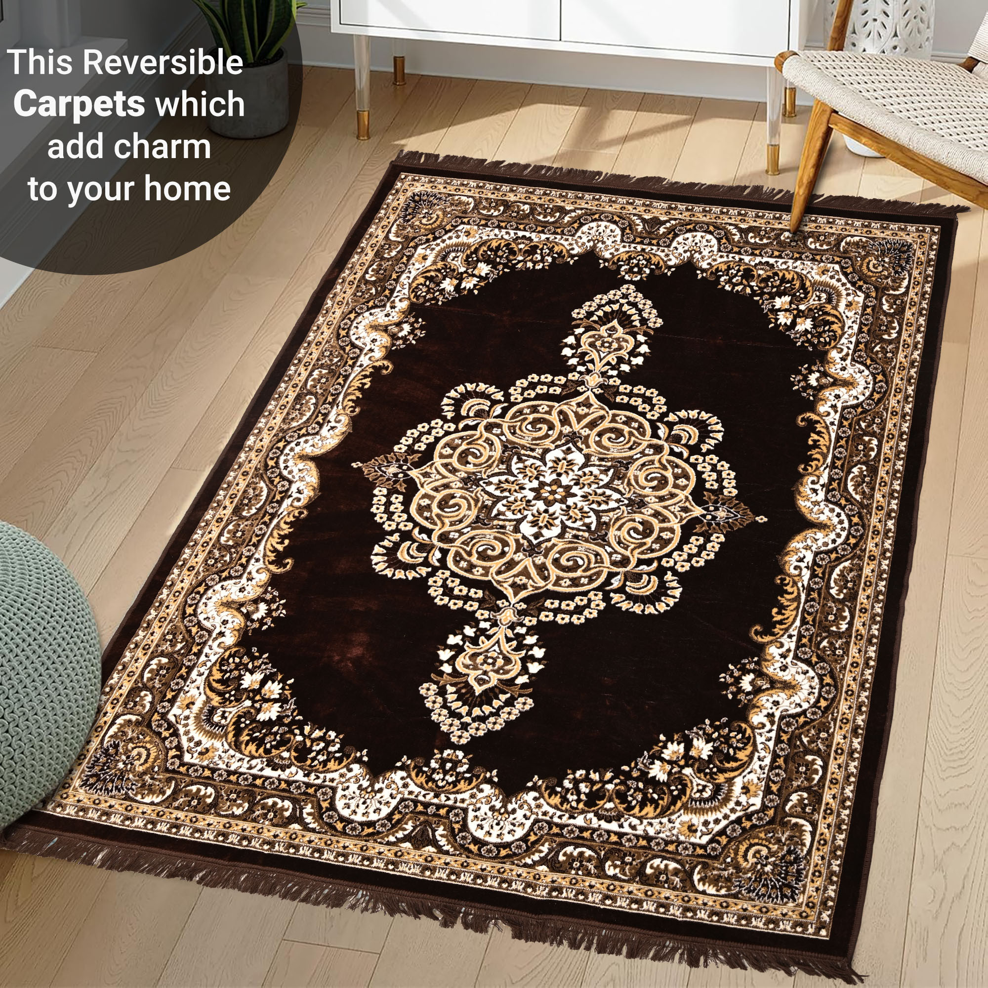 Kuber Industries 5x7 Feet Carpets for Living Room  Machine Washable Bedside Floor Rugs Mat for Bedroom Balcony  Drawing Room  Floral Print - Cream  Brown