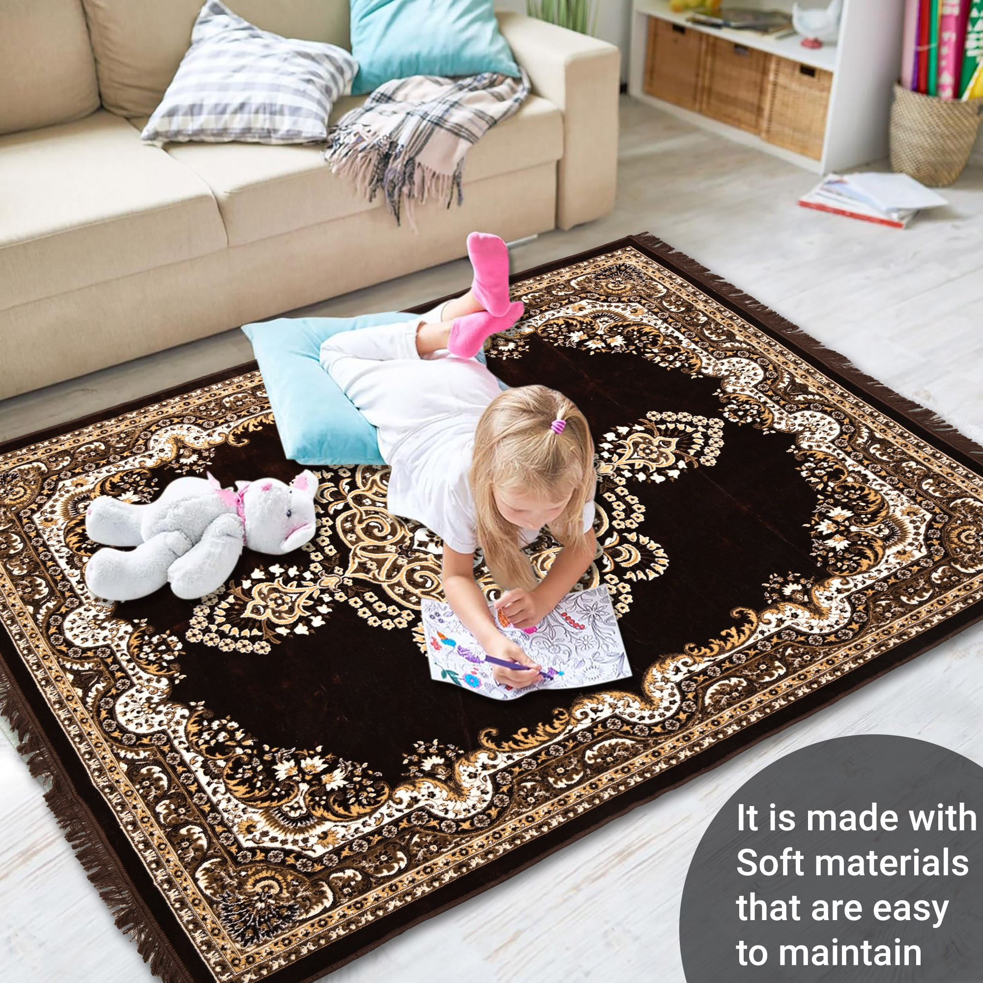 Kuber Industries 5x7 Feet Carpets for Living Room  Machine Washable Bedside Floor Rugs Mat for Bedroom Balcony  Drawing Room  Floral Print - Cream  Brown