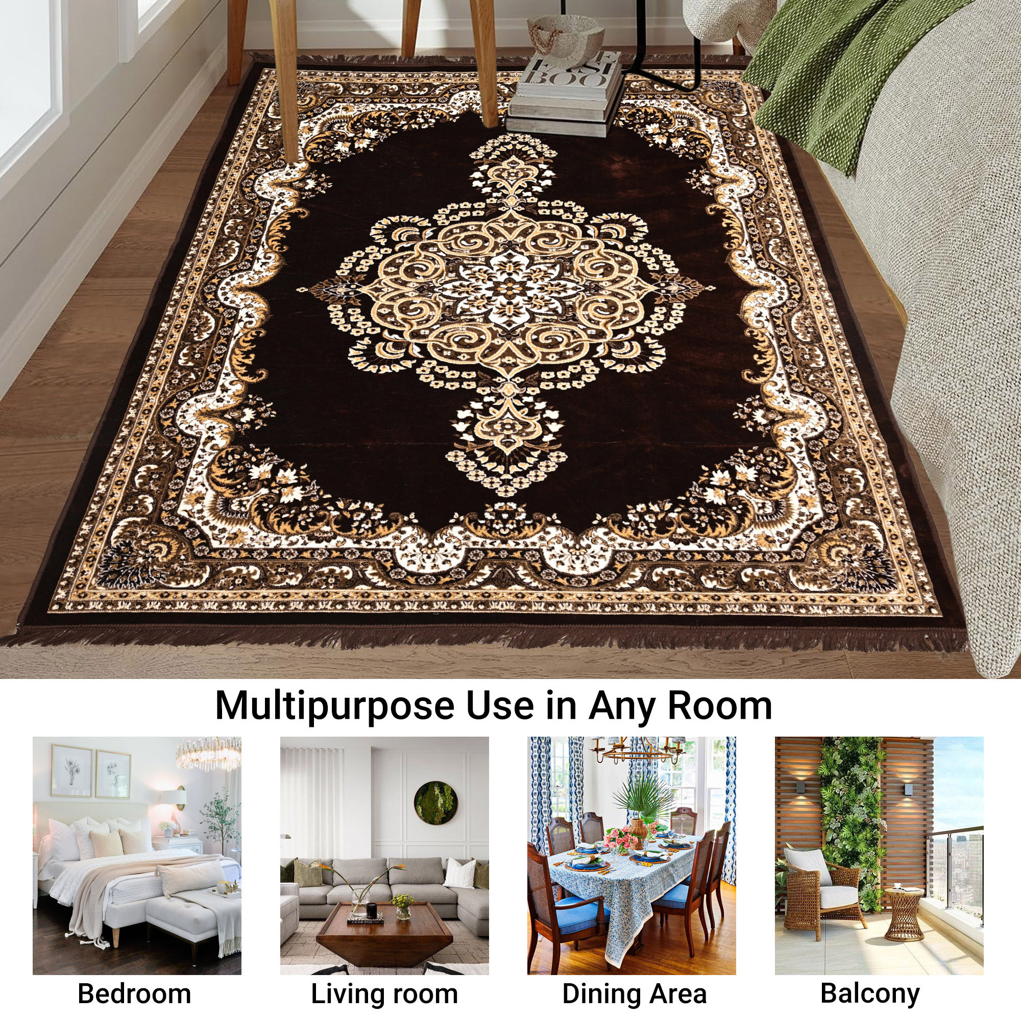 Kuber Industries 5x7 Feet Carpets for Living Room  Machine Washable Bedside Floor Rugs Mat for Bedroom Balcony  Drawing Room  Floral Print - Cream  Brown
