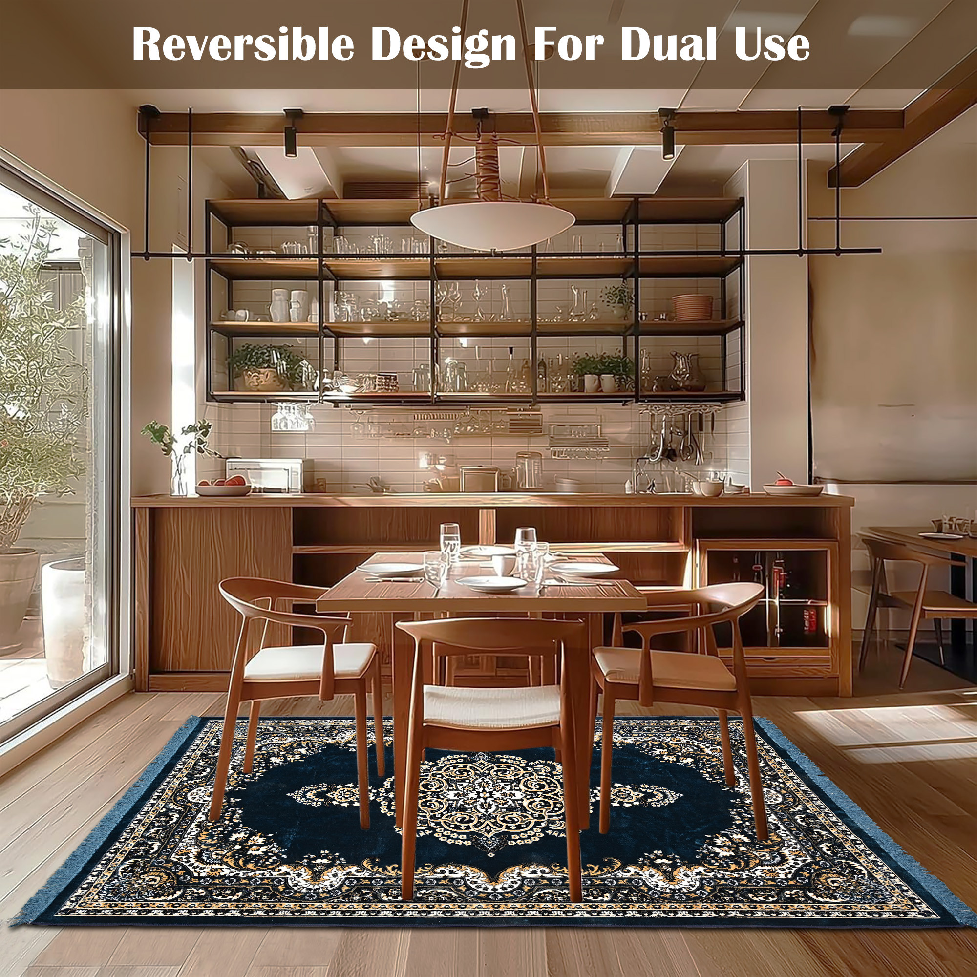 Kuber Industries 5x7 Feet Carpets for Living Room  Machine Washable Bedside Floor Rugs Mat for Bedroom Balcony  Drawing Room  Floral Print - Navy  Sea Blue