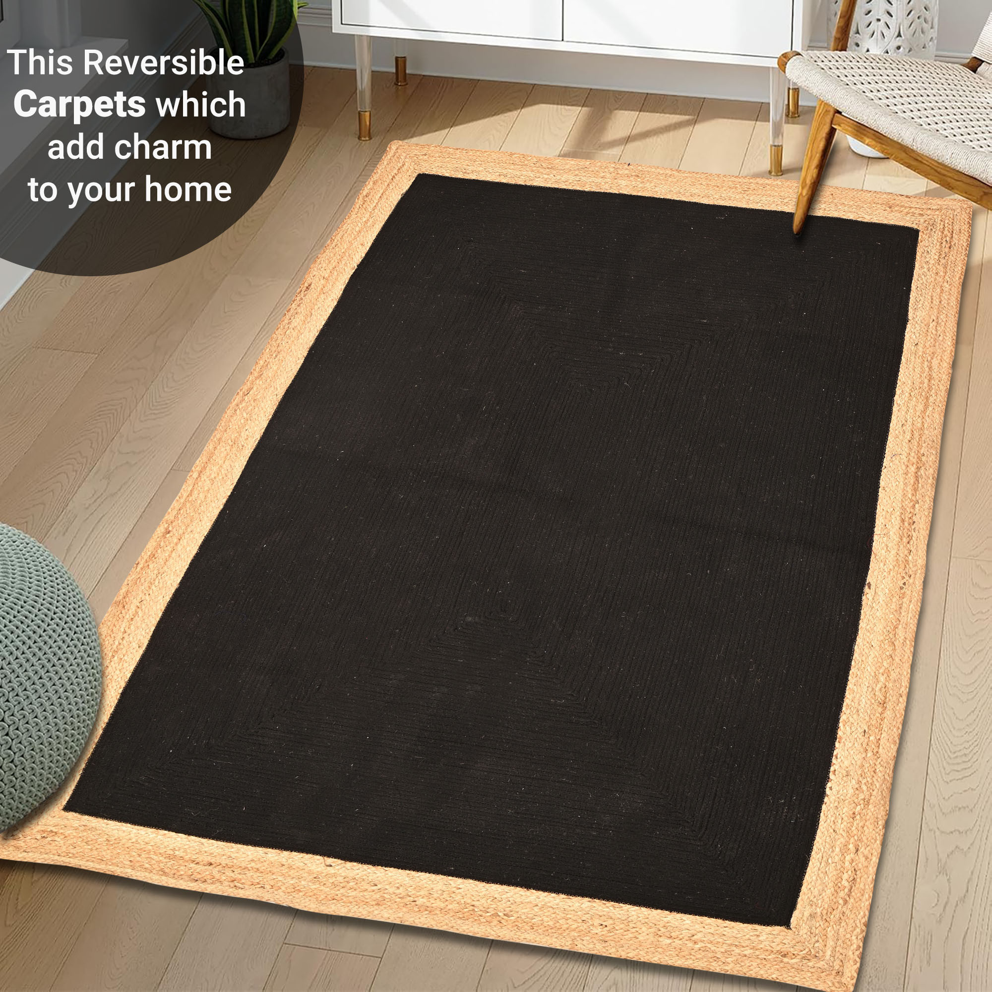 Kuber Industries 5x7 Feet Reversible Carpets for Living Room  Machine Washable Bedside Floor Rugs Mat for Bedroom Balcony  Drawing Room  Border - Black  Beige