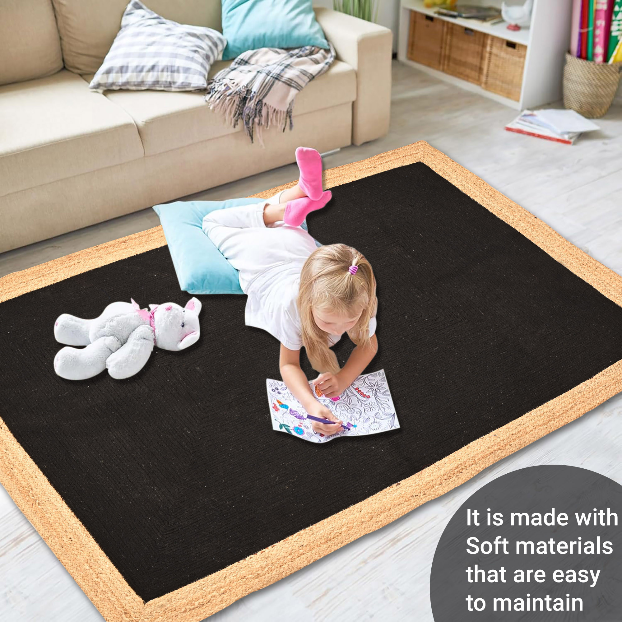 Kuber Industries 5x7 Feet Reversible Carpets for Living Room  Machine Washable Bedside Floor Rugs Mat for Bedroom Balcony  Drawing Room  Border - Black  Beige