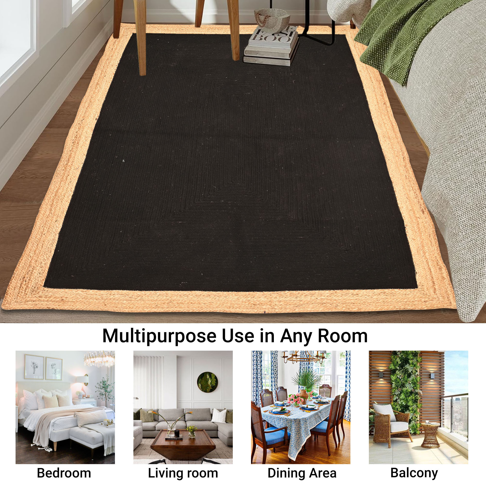 Kuber Industries 5x7 Feet Reversible Carpets for Living Room  Machine Washable Bedside Floor Rugs Mat for Bedroom Balcony  Drawing Room  Border - Black  Beige