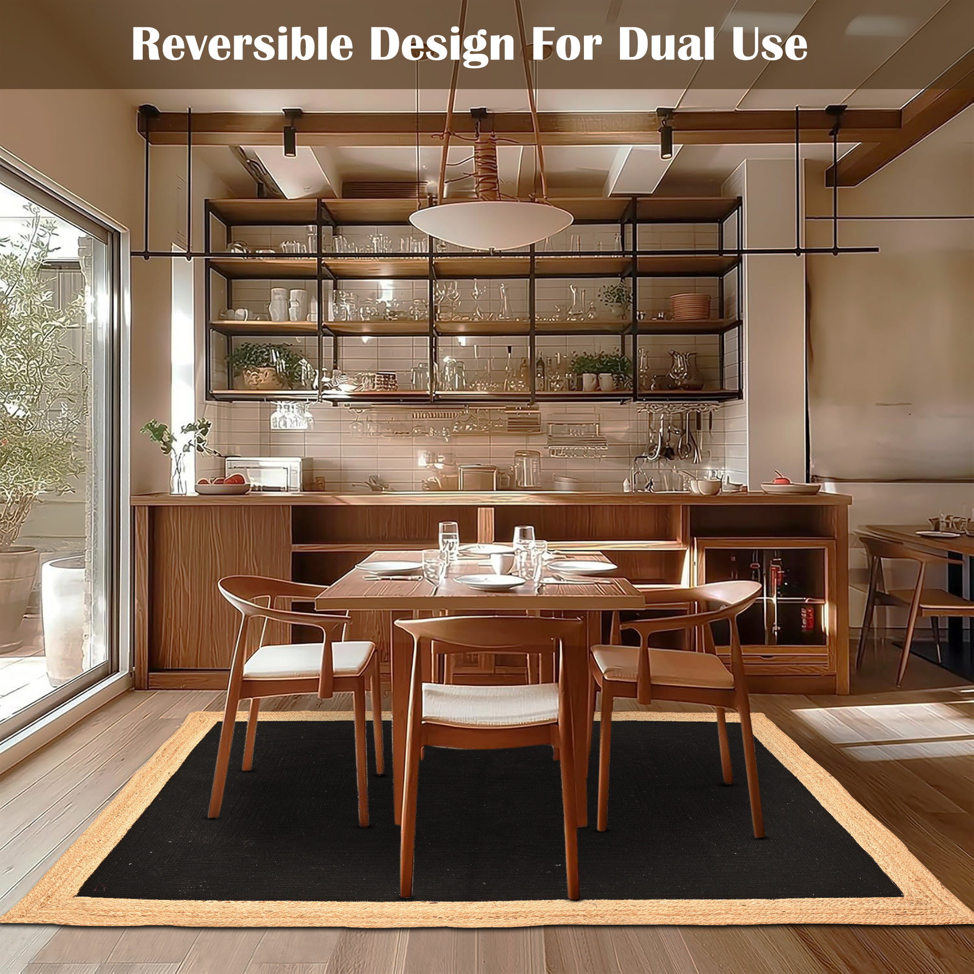 Kuber Industries 5x7 Feet Reversible Carpets for Living Room  Machine Washable Bedside Floor Rugs Mat for Bedroom Balcony  Drawing Room  Border - Black  Beige