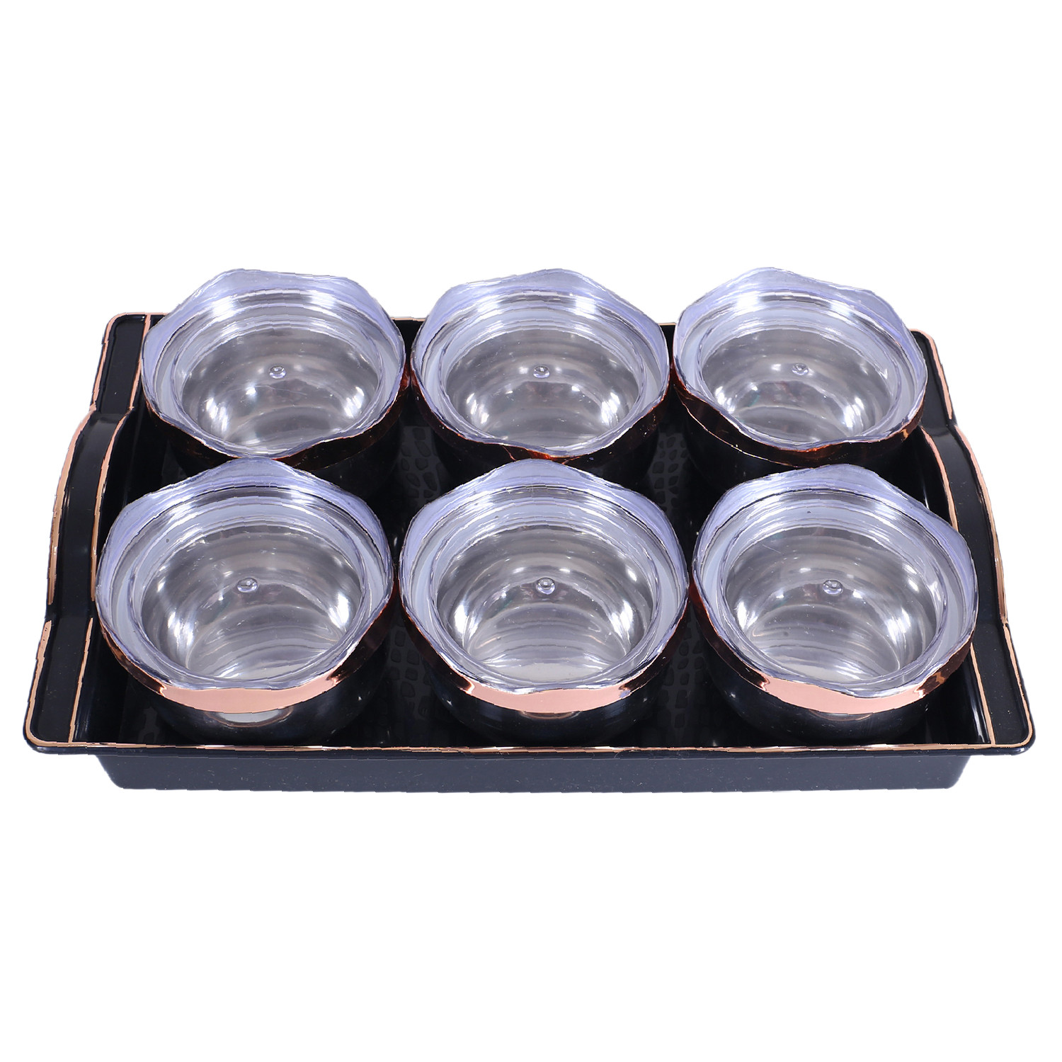 Kuber Industries 6 Containers & Plastic Tray Set|Stainless Steel Snackers,Cookies,Nuts Serving Bowls|Airtight Containers with Lid,300 ml (Black)