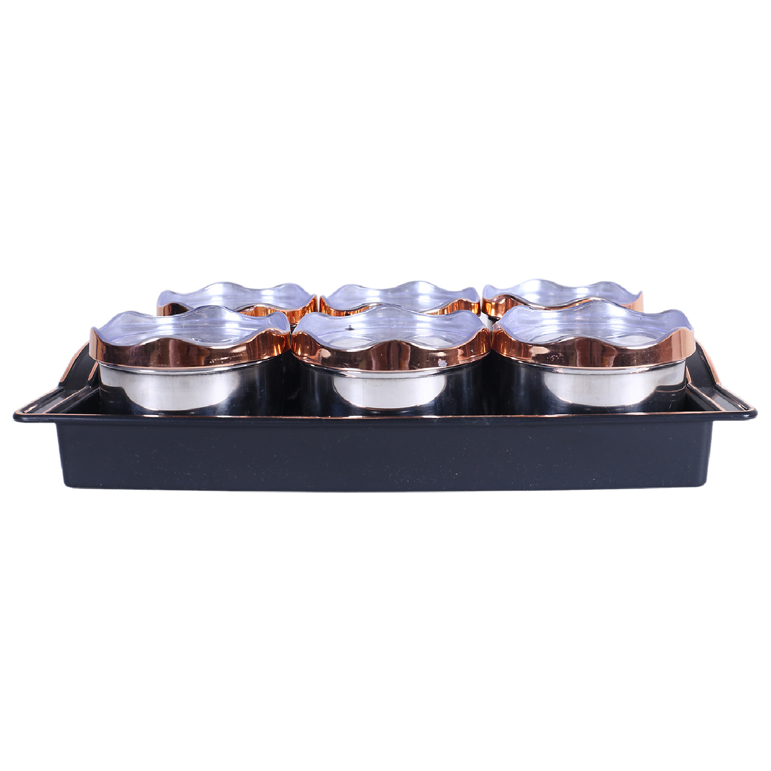 Kuber Industries 6 Containers & Plastic Tray Set|Stainless Steel Snackers,Cookies,Nuts Serving Bowls|Airtight Containers with Lid,300 ml (Black)