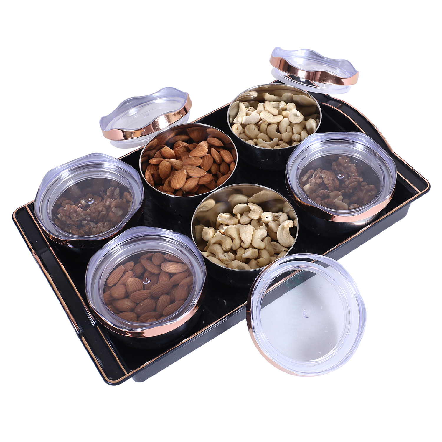 Kuber Industries 6 Containers & Plastic Tray Set|Stainless Steel Snackers,Cookies,Nuts Serving Bowls|Airtight Containers with Lid,300 ml (Black)