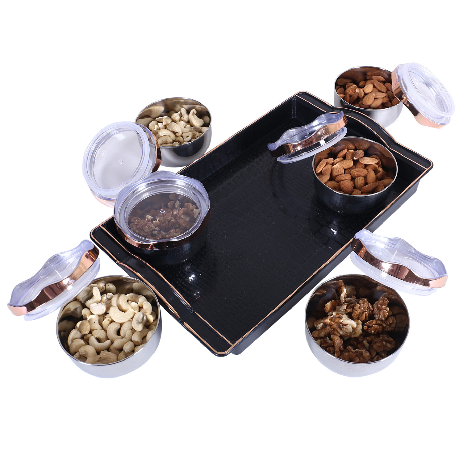 Kuber Industries 6 Containers & Plastic Tray Set|Stainless Steel Snackers,Cookies,Nuts Serving Bowls|Airtight Containers with Lid,300 ml (Black)
