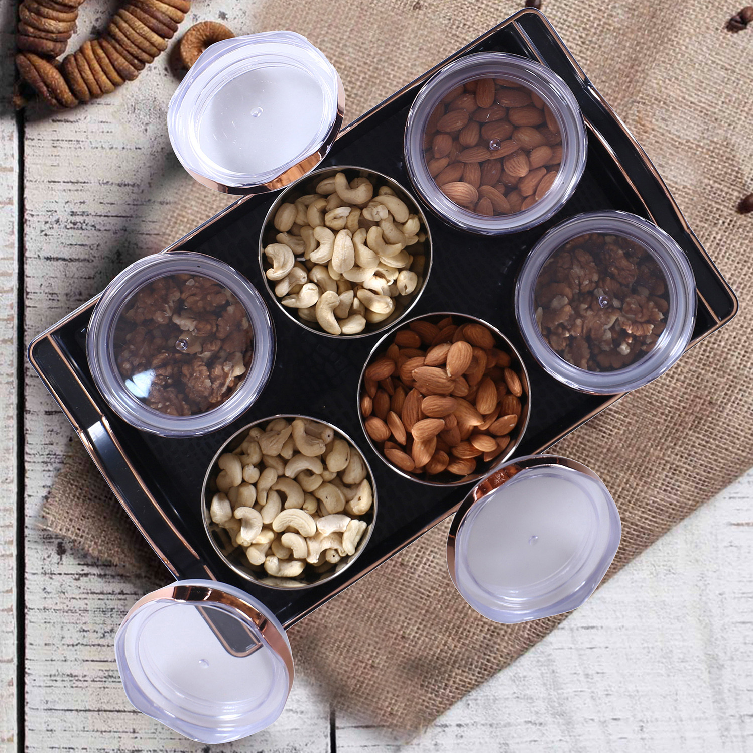 Kuber Industries 6 Containers & Plastic Tray Set|Stainless Steel Snackers,Cookies,Nuts Serving Bowls|Airtight Containers with Lid,300 ml (Black)