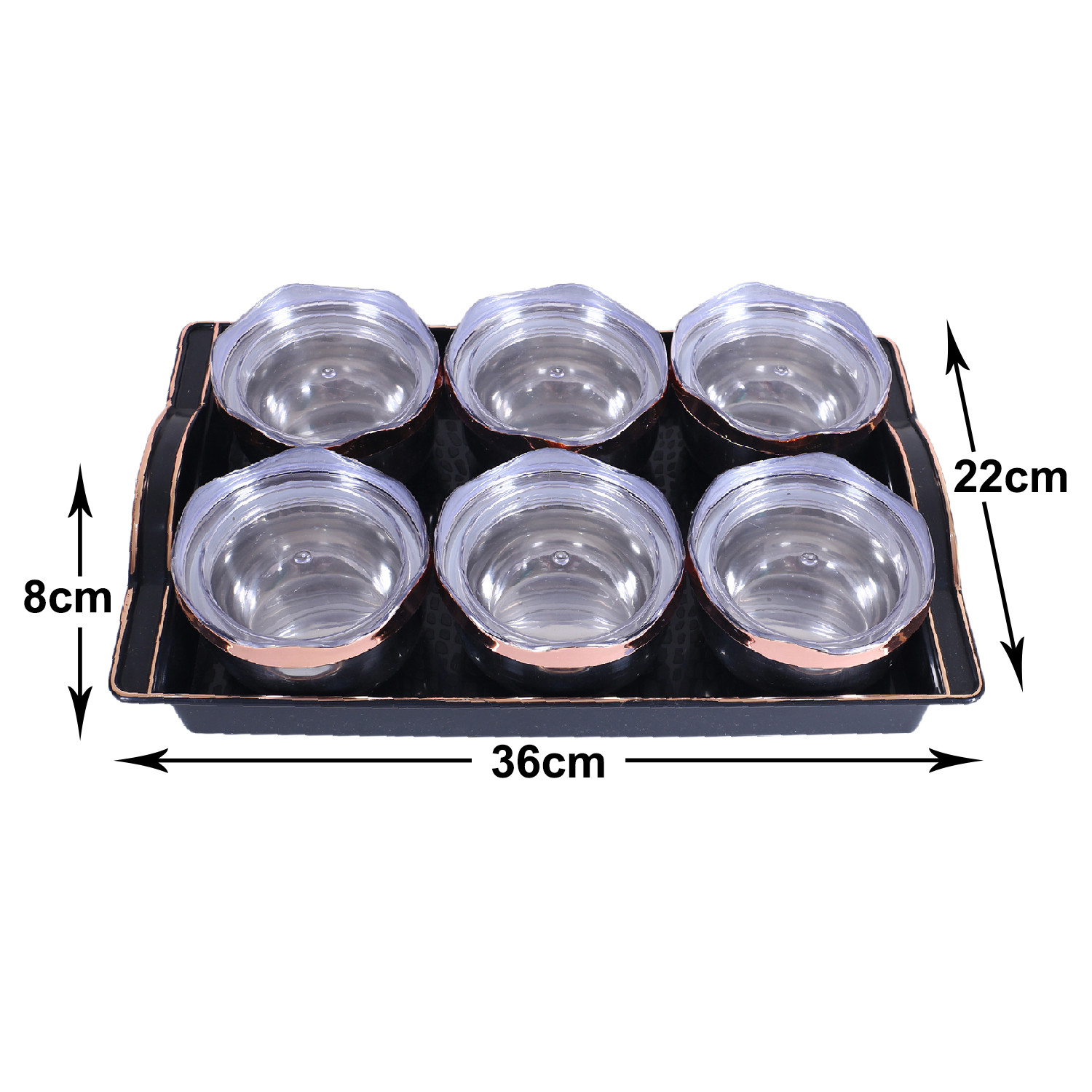 Kuber Industries 6 Containers & Plastic Tray Set|Stainless Steel Snackers,Cookies,Nuts Serving Bowls|Airtight Containers with Lid,300 ml (Black)