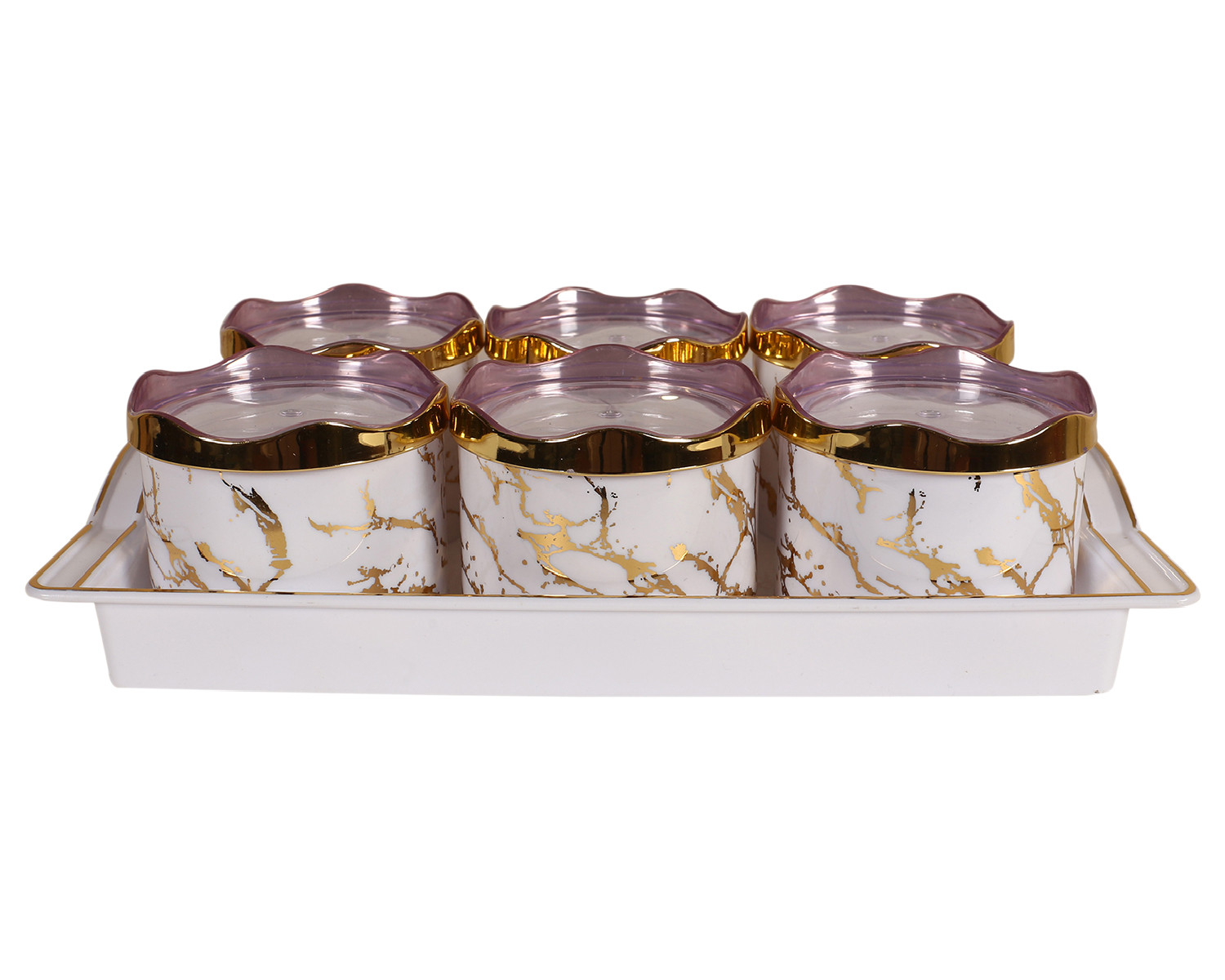 Kuber Industries 6 Containers & Tray Set|Unbreakable Plastic Snackers,Cookies,Nuts Serving Tray|Airtight Containers with Lid,350 ml (White)