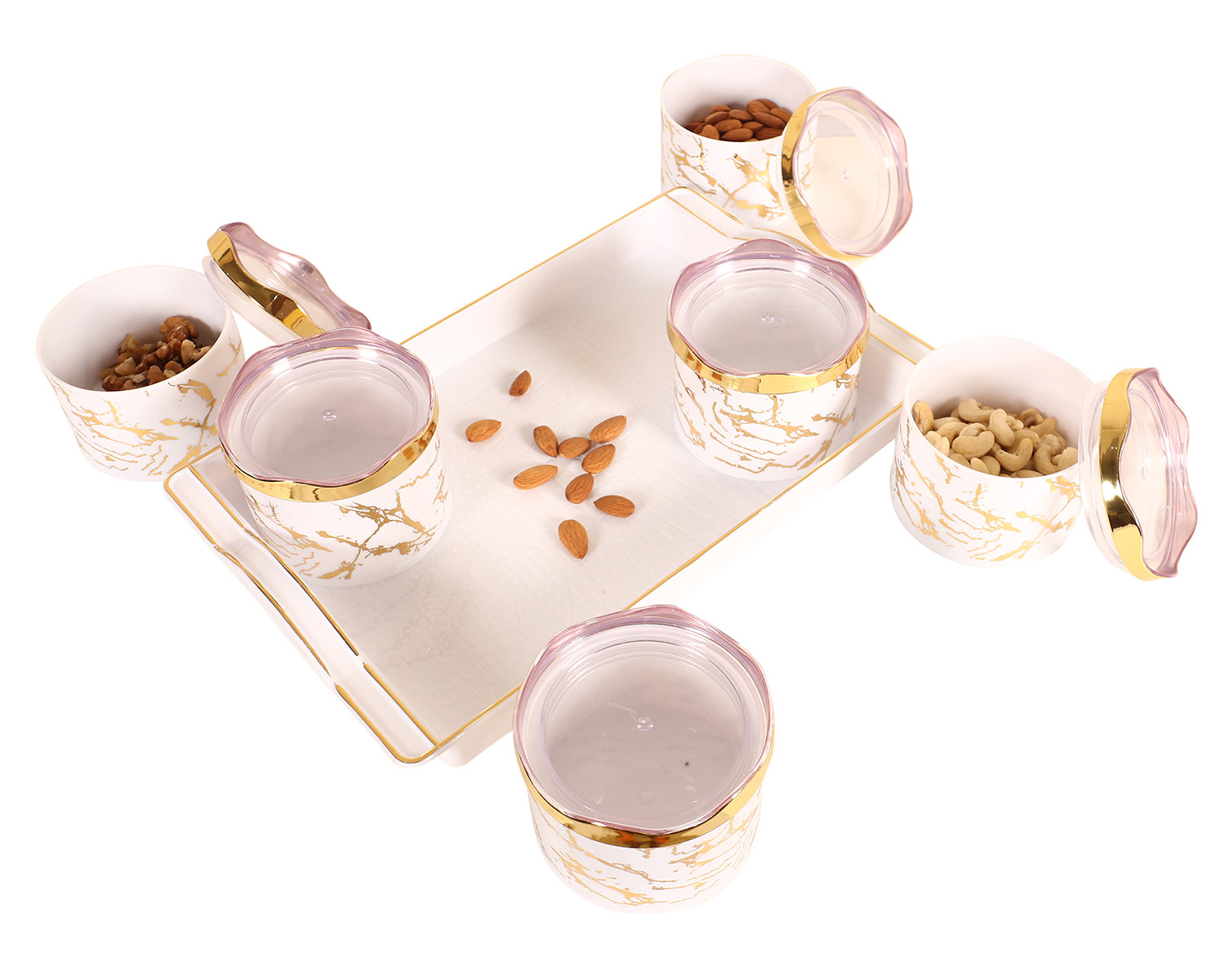 Kuber Industries 6 Containers & Tray Set|Unbreakable Plastic Snackers,Cookies,Nuts Serving Tray|Airtight Containers with Lid,350 ml (White)