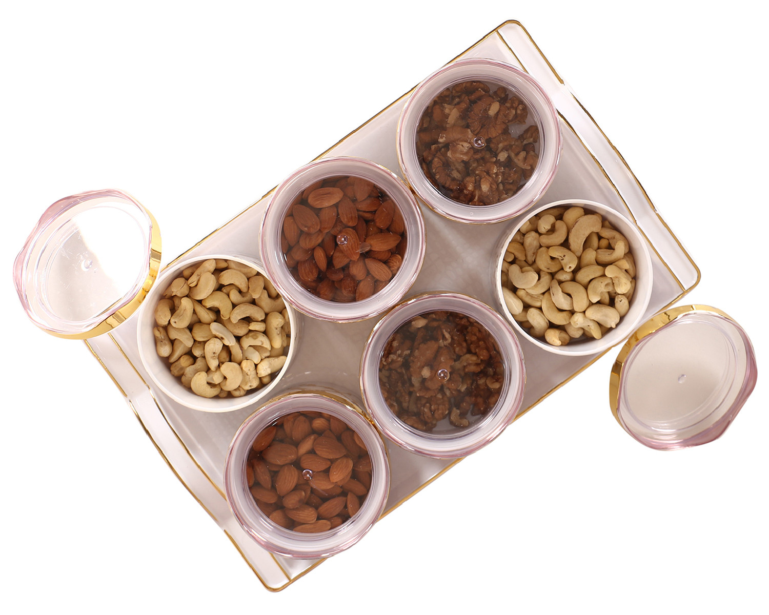 Kuber Industries 6 Containers & Tray Set|Unbreakable Plastic Snackers,Cookies,Nuts Serving Tray|Airtight Containers with Lid,350 ml (White)