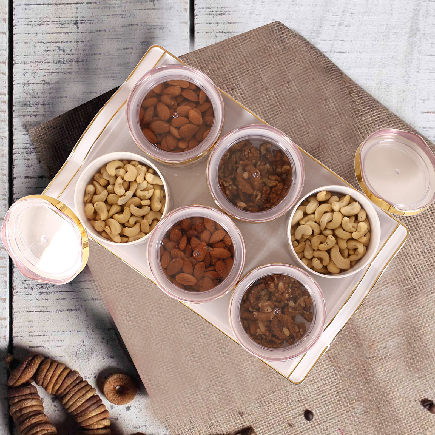Kuber Industries 6 Containers & Tray Set|Unbreakable Plastic Snackers,Cookies,Nuts Serving Tray|Airtight Containers with Lid,350 ml (White)