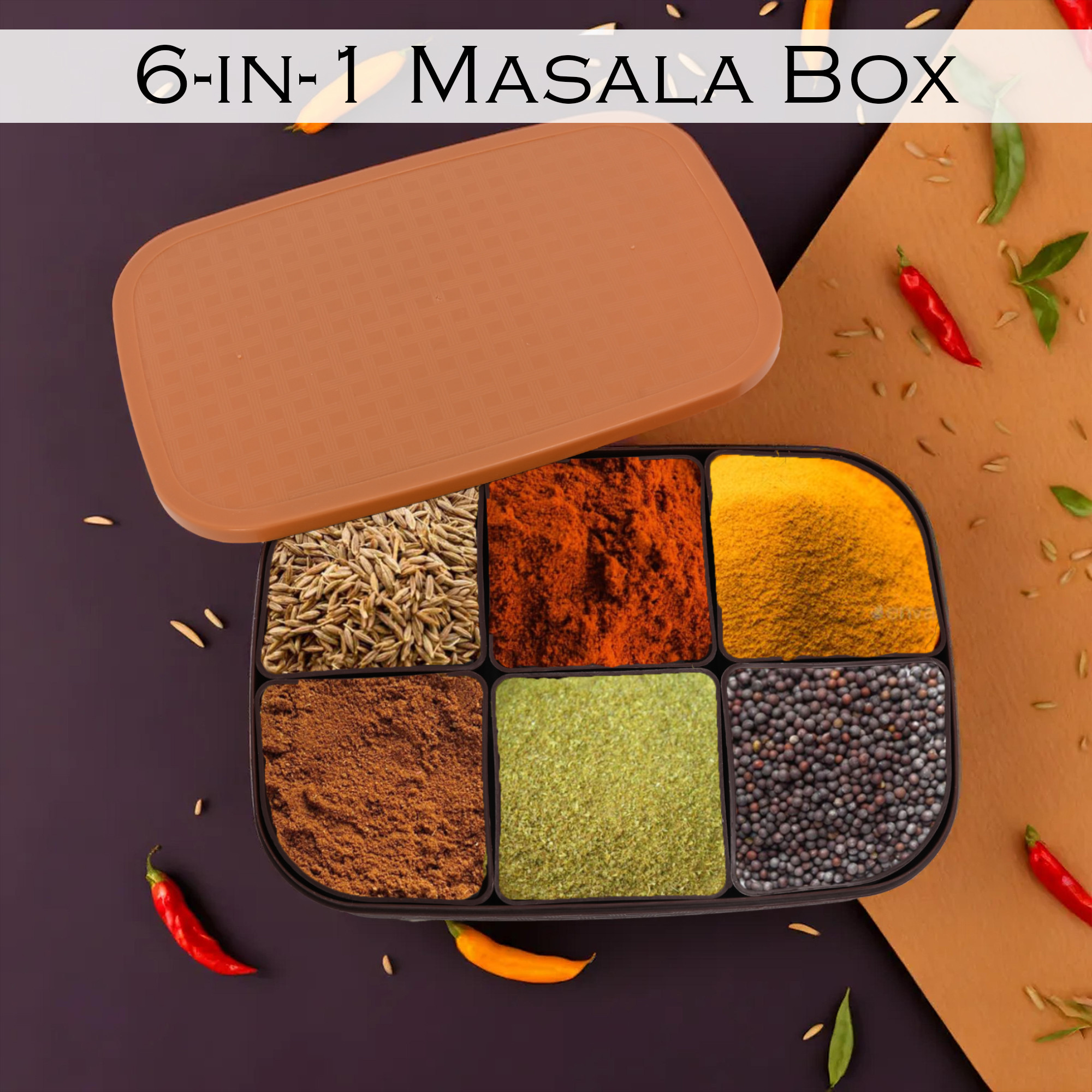 Kuber Industries 6-in-1 Plastic MasaldaniSpices Box for Kitchen with Lid  Easy to Refill Rectangular Masala Container for Kitchen with 6 Spoons - Ideal Kitchen Essentials  Brown  Beige