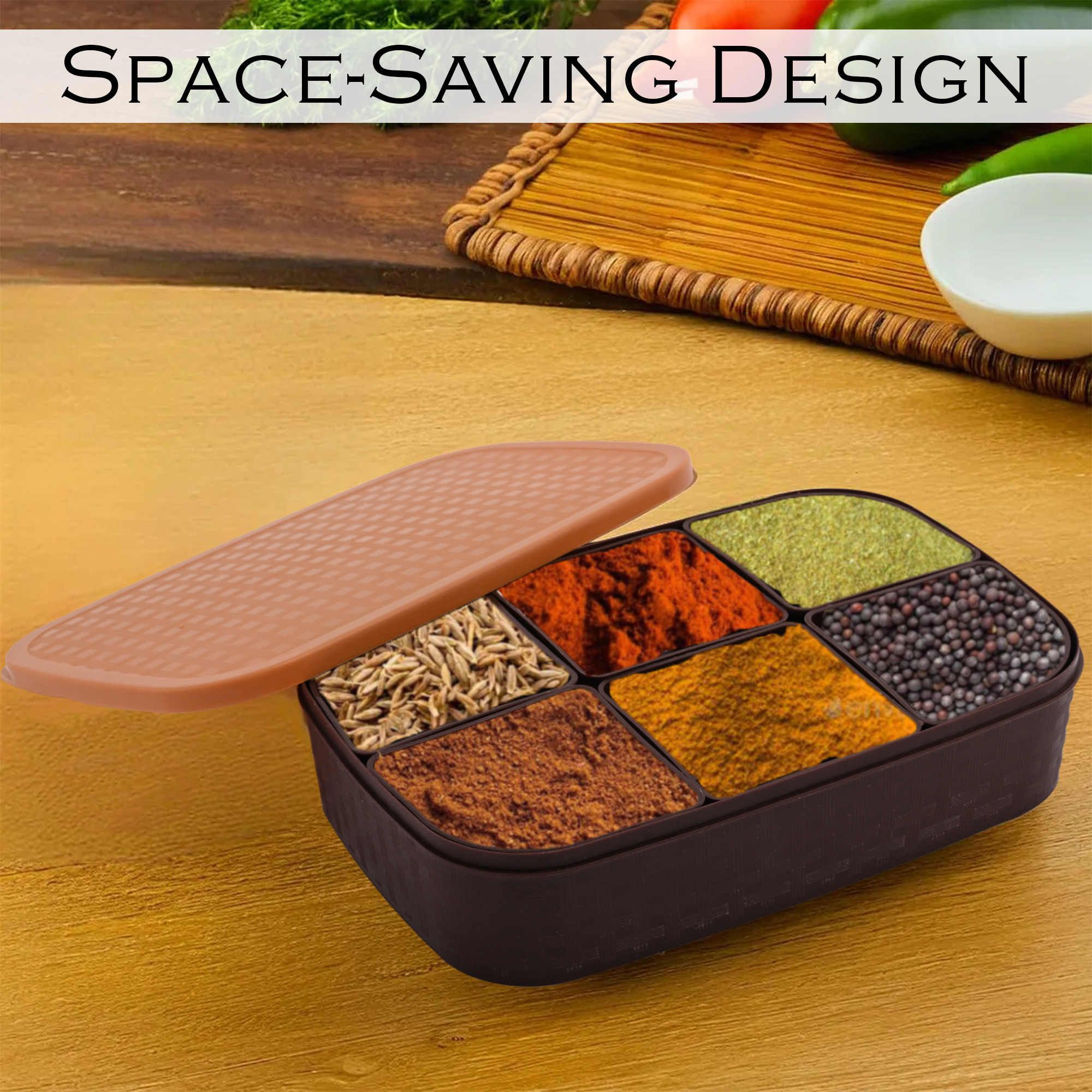 Kuber Industries 6-in-1 Plastic MasaldaniSpices Box for Kitchen with Lid  Easy to Refill Rectangular Masala Container for Kitchen with 6 Spoons - Ideal Kitchen Essentials  Brown  Beige