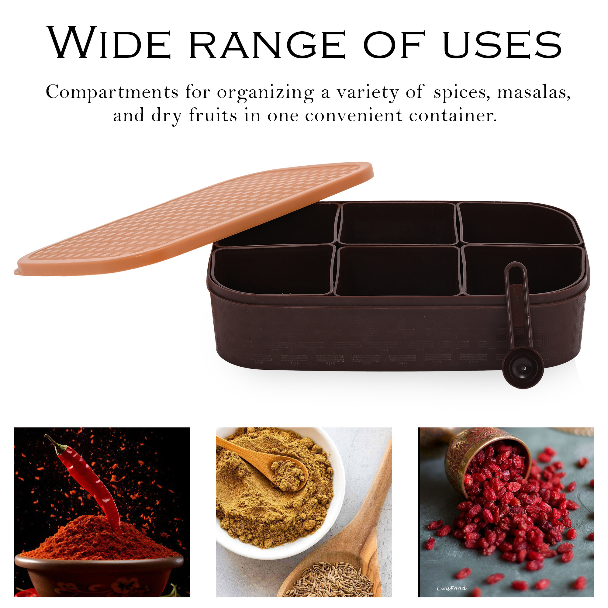 Kuber Industries 6-in-1 Plastic MasaldaniSpices Box for Kitchen with Lid  Easy to Refill Rectangular Masala Container for Kitchen with 6 Spoons - Ideal Kitchen Essentials  Brown  Beige