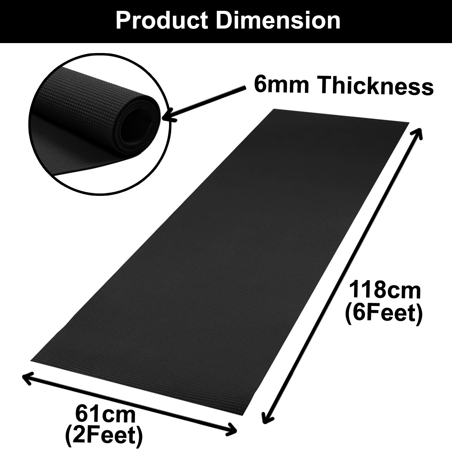 Kuber Industries 6 MM Extra Thick Yoga mat for Gym Workout and Flooring Exercise Long Size Yoga Mat for Men and Women, 6 x 2 Feet (Black)-33_S_KUBQMART11584