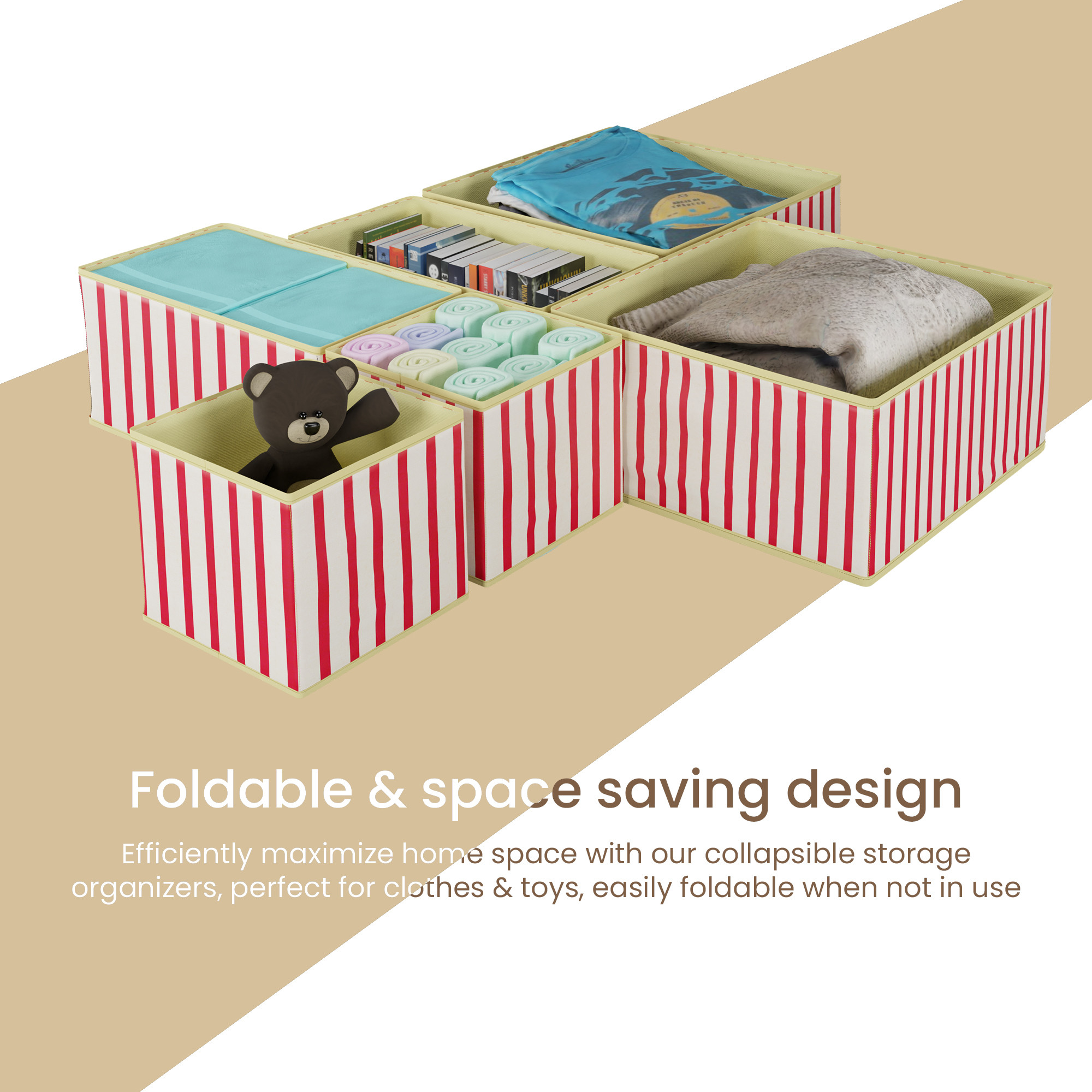 Kuber Industries 6 Pcs Foldable Drawer Organizer  Wardrobe Organizer for Clothes  Storage Box for Socks Bra Tie and Scarfs  Stationary  Cabinet Organizer  Lining Print  Cream  Maroon