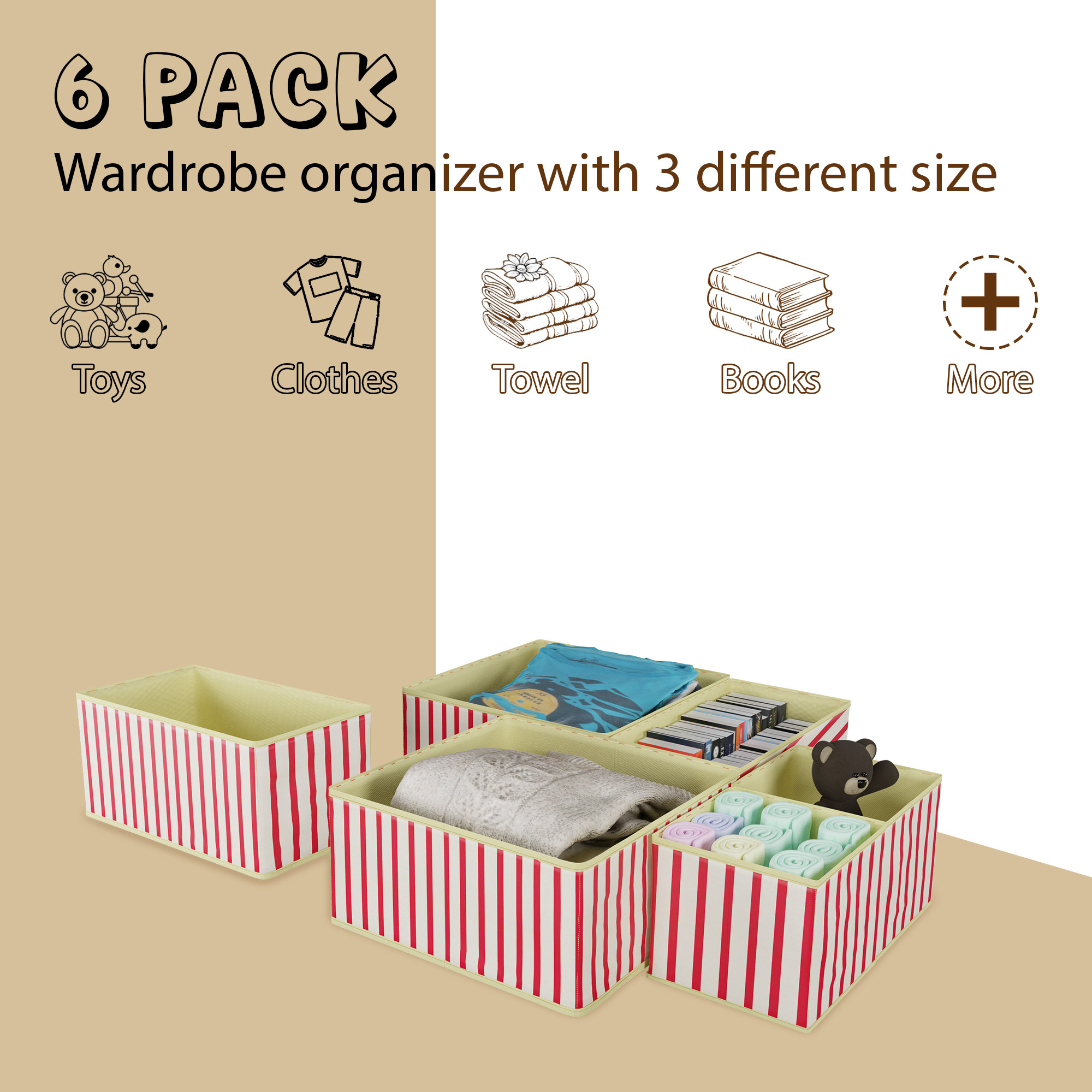 Kuber Industries 6 Pcs Foldable Drawer Organizer  Wardrobe Organizer for Clothes  Storage Box for Socks Bra Tie and Scarfs  Stationary  Cabinet Organizer  Lining Print  Cream  Maroon
