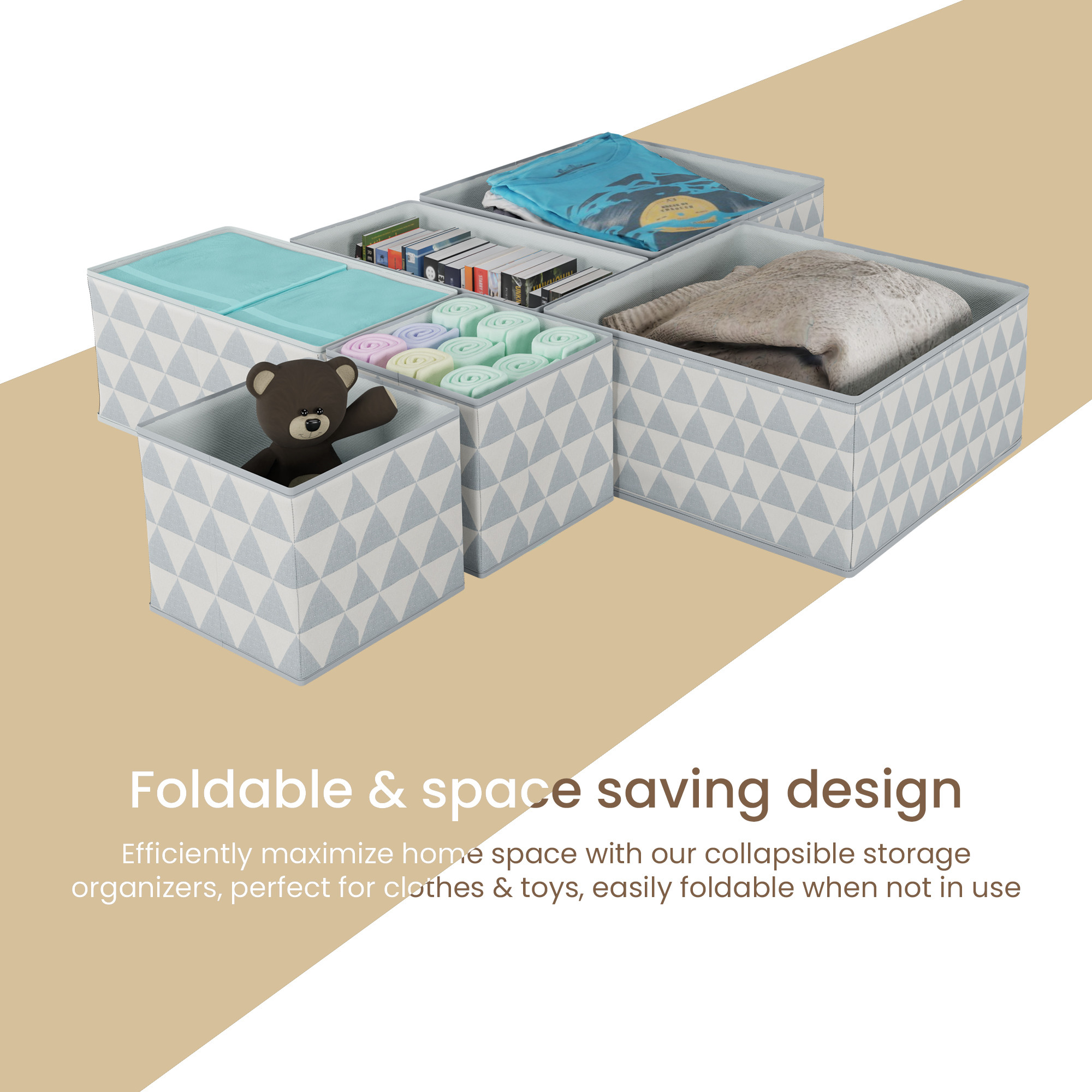 Kuber Industries 6 Pcs Foldable Drawer Organizer Wardrobe Organizer for Clothes  Non-Woven Storage Box for Socks Bra Tie and Scarfs  Stationary  Cabinet Organizer  Triangle Print- Grey