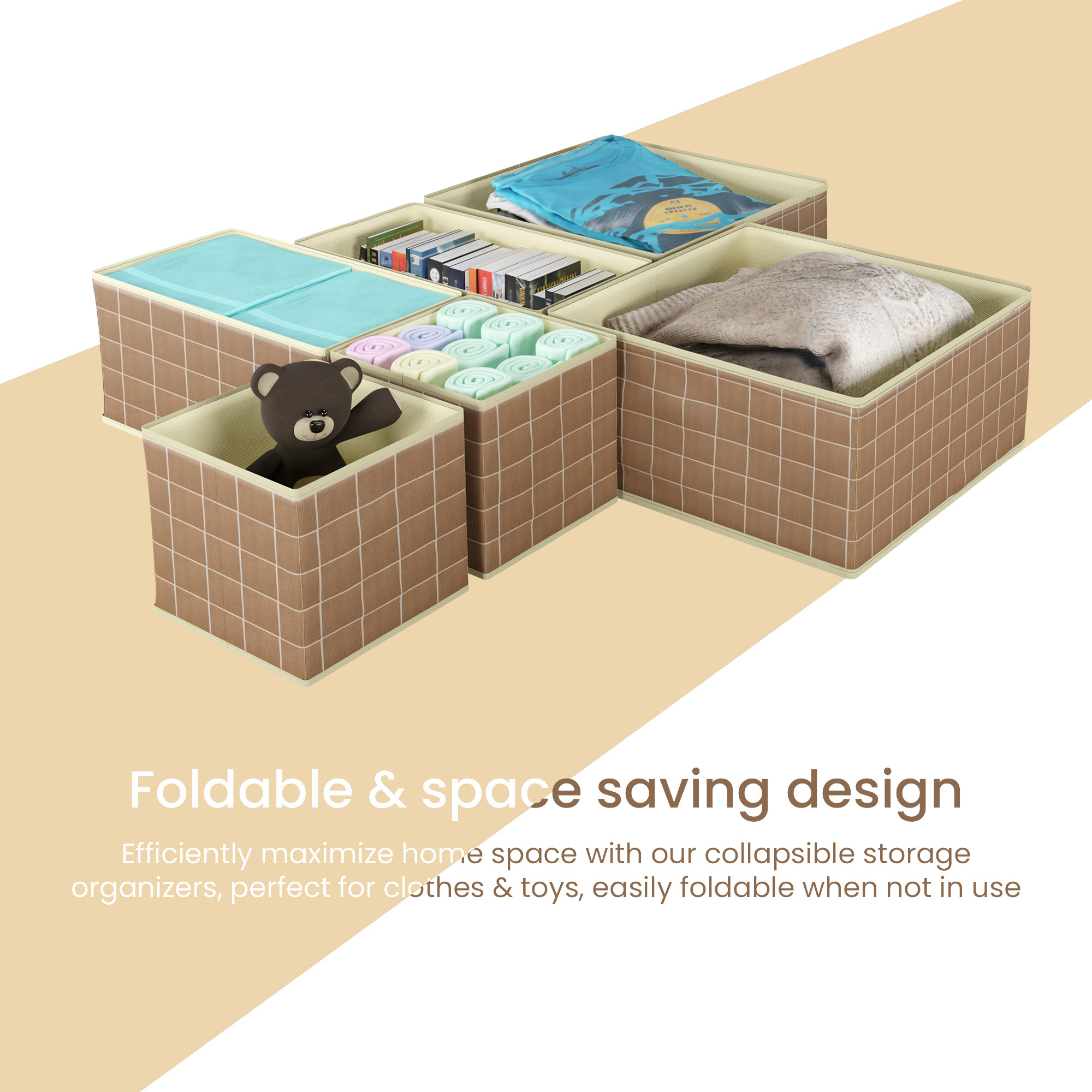 Kuber Industries 6 Pcs Foldable Drawer Organizer Wardrobe Organizer for Clothes  Non-Woven Storage Box for Socks Bra Tie and Scarfs  Stationary  Cabinet Organizer  Check Print- Brown