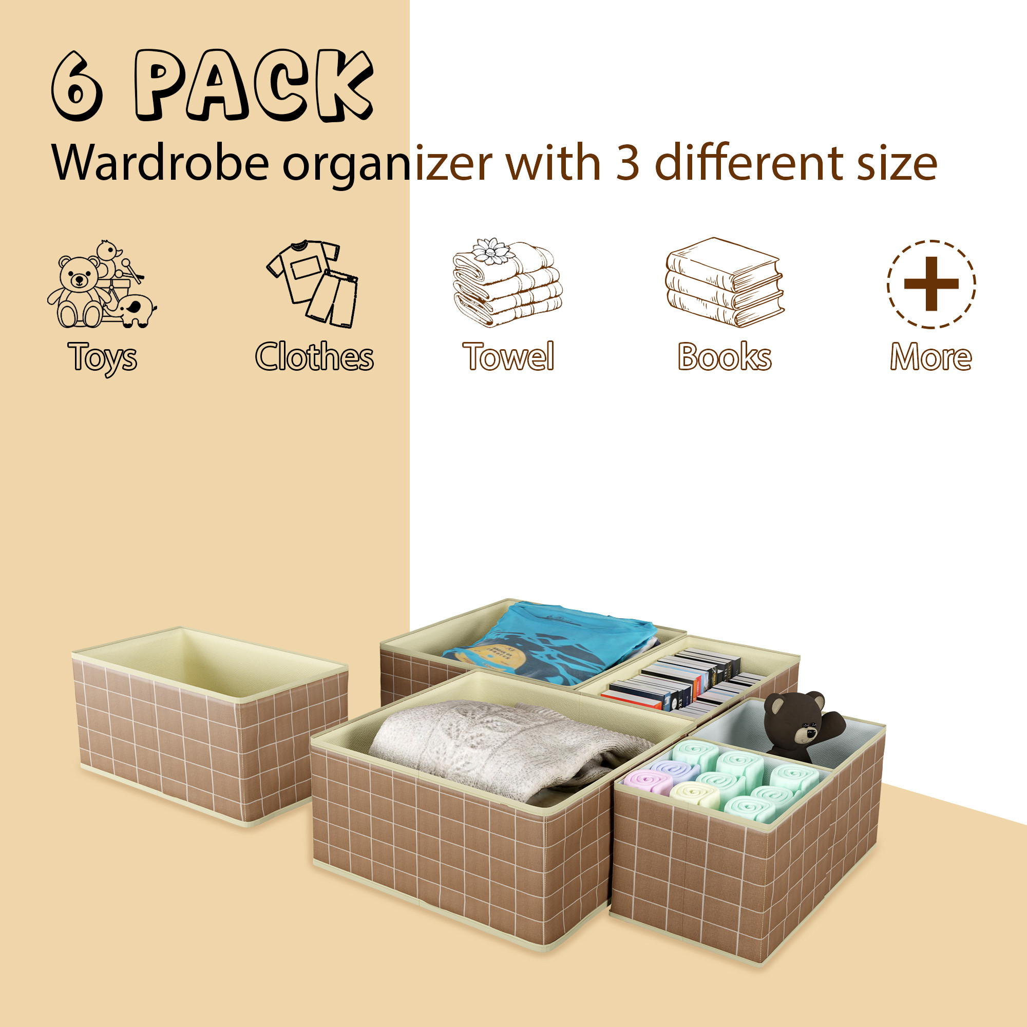 Kuber Industries 6 Pcs Foldable Drawer Organizer Wardrobe Organizer for Clothes  Non-Woven Storage Box for Socks Bra Tie and Scarfs  Stationary  Cabinet Organizer  Check Print- Brown